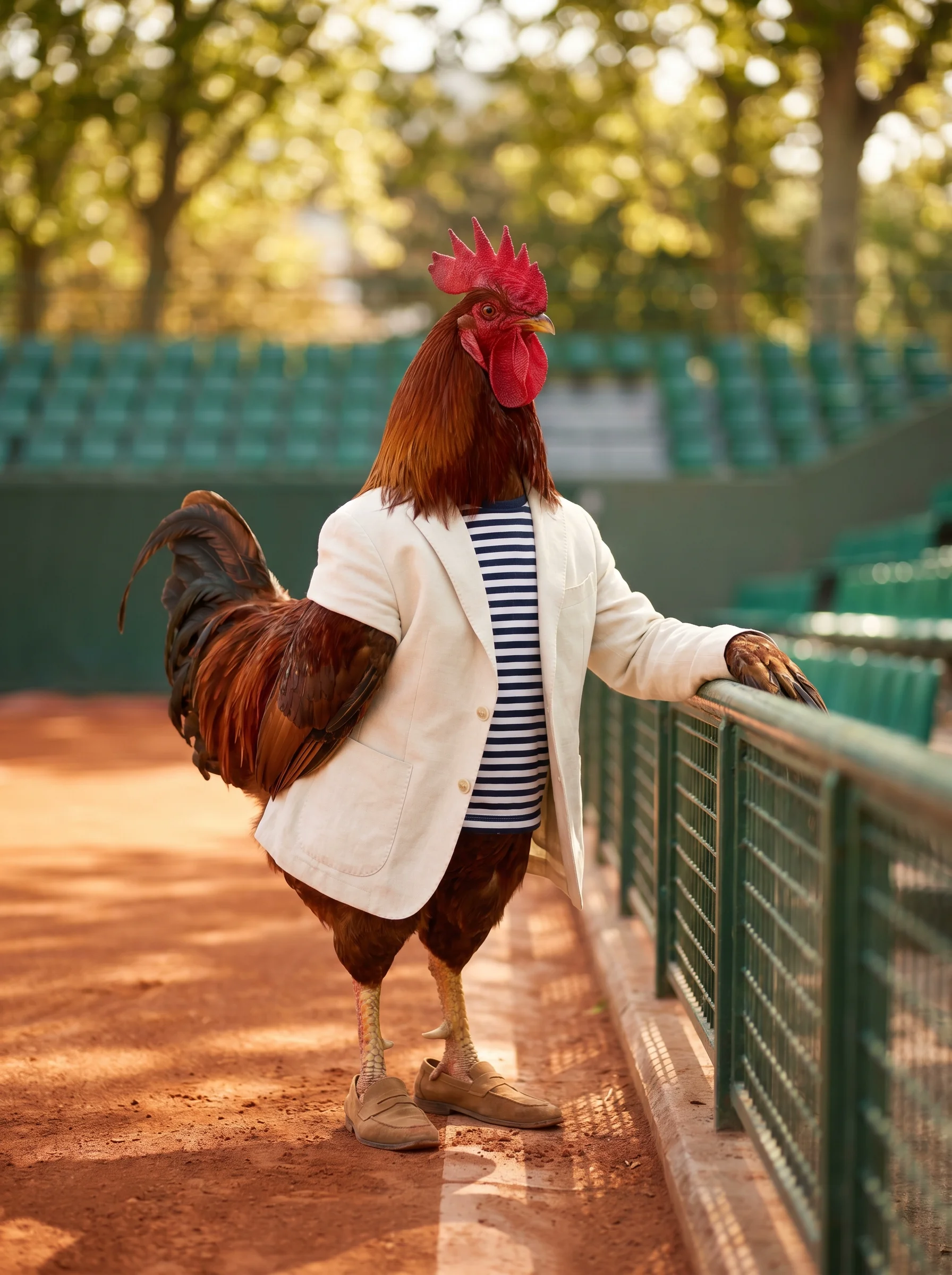 A Rhode Island Red rooster in a cream linen blazer over a navy Breton stripe shirt, standing at the edge of a red clay tennis court with one wing resting on a green metal railing, warm Parisian sunlight filtering through plane trees, green grandstand seats in soft bokeh behind him