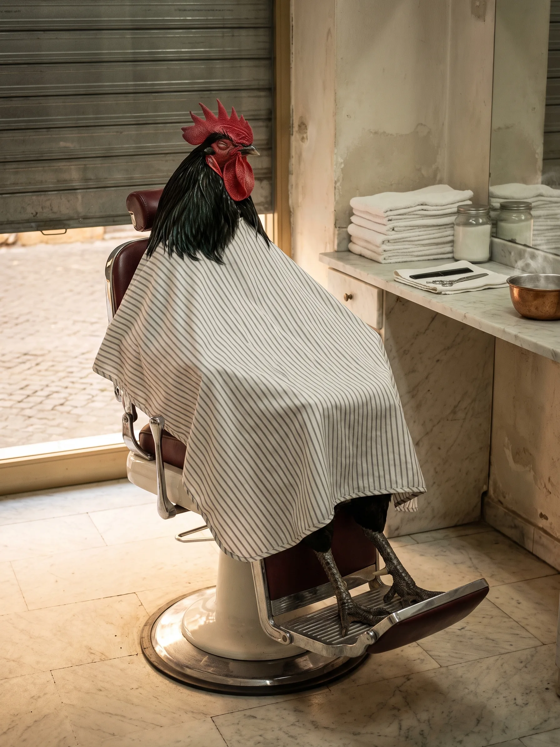 A Black Orpington rooster with glossy black plumage and a red comb seated in a vintage chrome and burgundy leather barber's chair with his eyes closed, a white-and-grey pinstriped barber's cape draped over him and his scaled feet on the footrest, in a small old Roman barbershop with a marble counter, folded white towels, glass jars, a comb and scissors on a cloth and a copper bowl, a half-lowered roller shutter onto a cobbled street