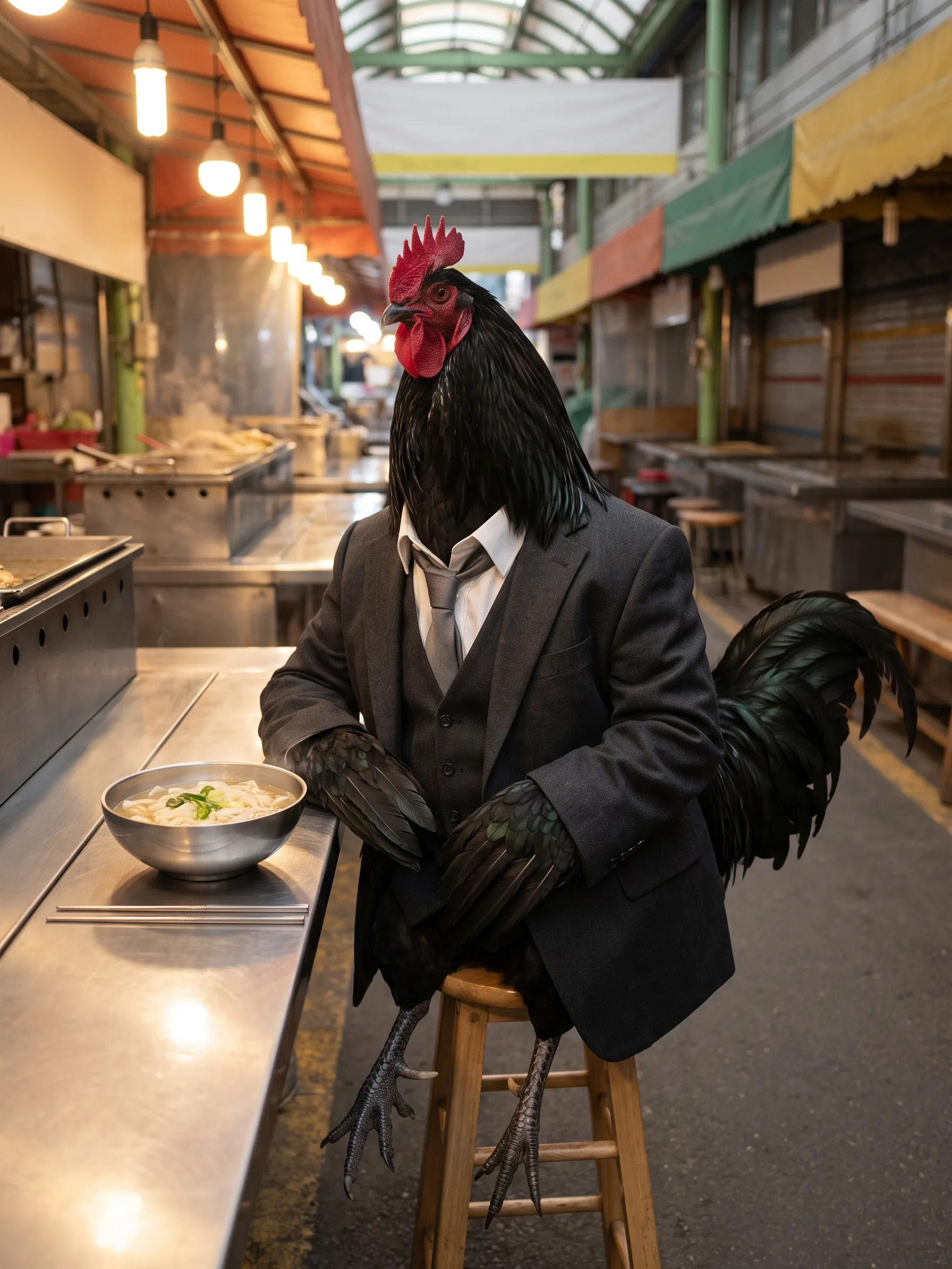 A Jersey Giant rooster with glossy black plumage, seated upright like a gentleman on a stool at a covered market food stall in Seoul in a charcoal suit, white shirt and loosened grey tie, a steaming bowl of knife-cut noodles on the steel counter before him, warm stall lights and the market's long vaulted roof behind