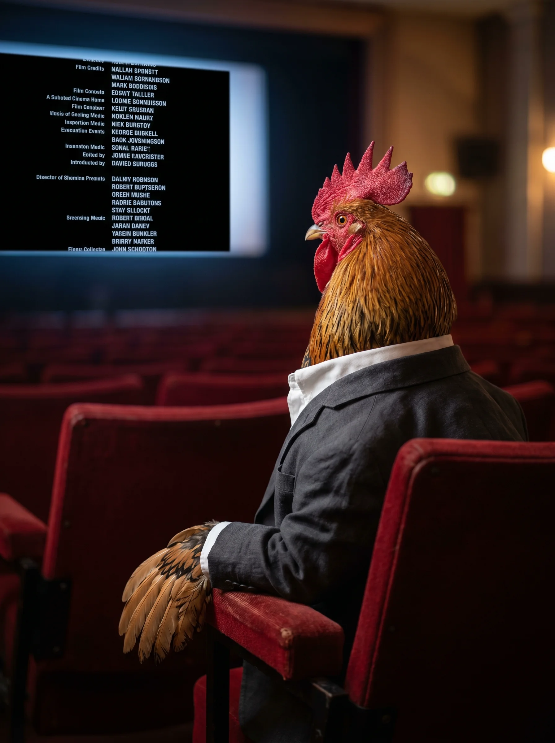 A Golden Laced Wyandotte rooster in a charcoal linen blazer over a white Oxford shirt, seated alone in a dark cinema watching end credits scroll on the screen, red velvet seats empty around him, soft blue-white light from the screen illuminating his golden plumage and red comb, shot from behind and to the right