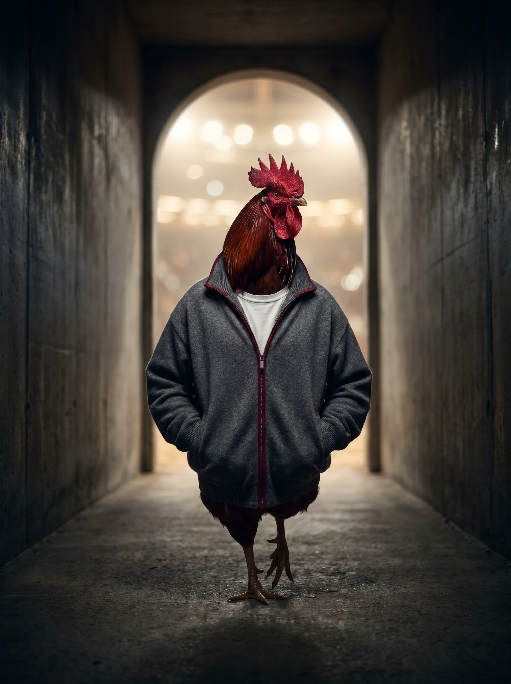 A Rhode Island Red rooster in an oversized charcoal cashmere warm-up jacket and white tee walking through a concrete arena tunnel toward bright court lights, low-angle shot with dramatic chiaroscuro lighting
