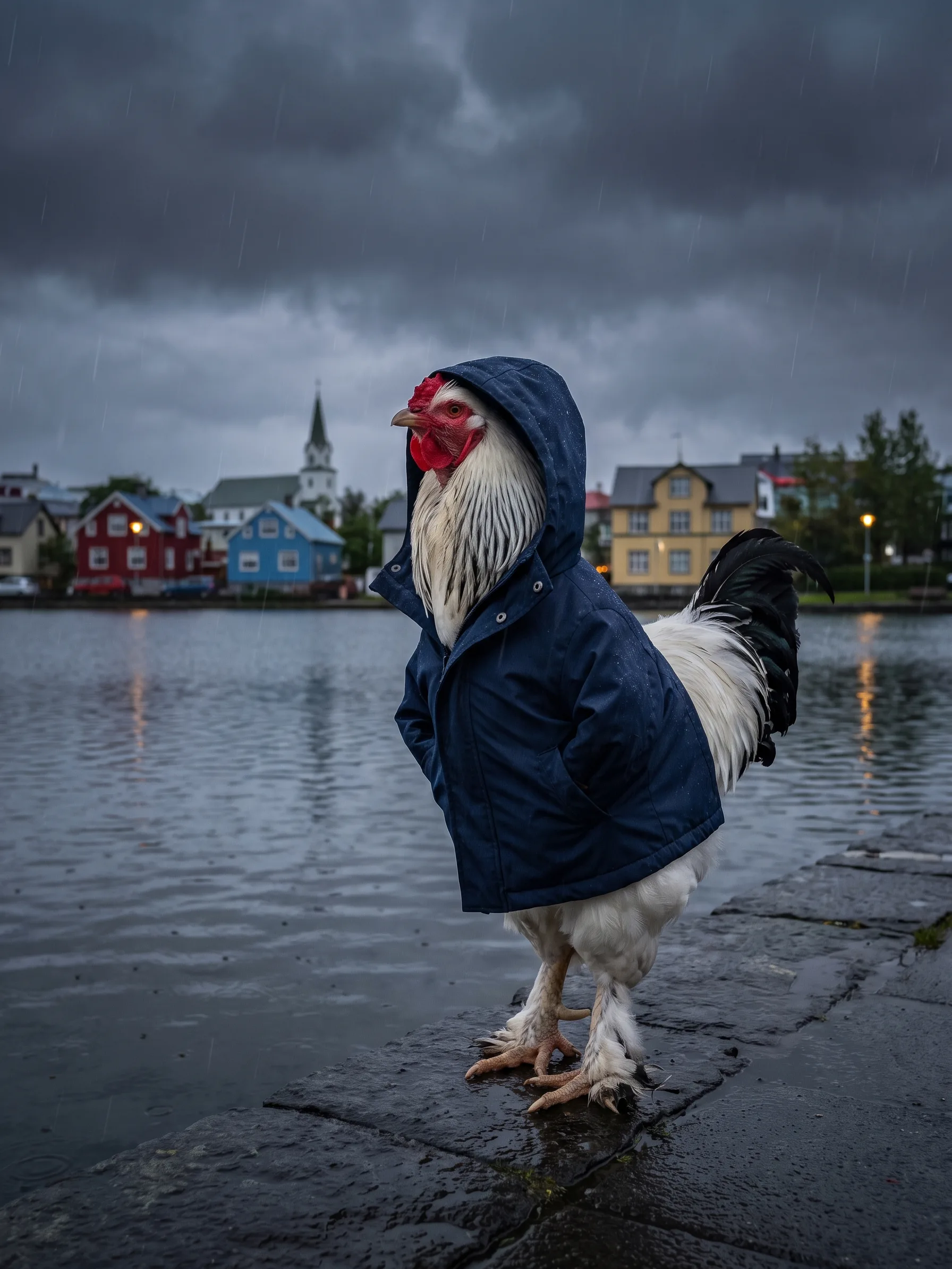 A Light Brahma rooster with white plumage, a black-striped hackle, a black tail and feathered feet in a navy-blue hooded rain parka with the hood up, standing on the wet stone edge of a city pond in Reykjavík in the rain under a heavy, dark grey sky, brightly painted houses, a white church spire and lit streetlamps across the water