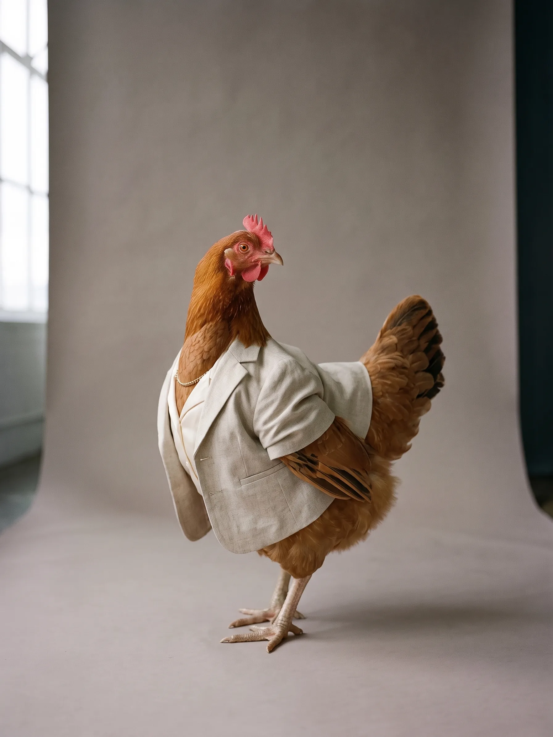 Cressida, a chestnut-auburn New Hampshire Red hen in a cream silk blouse, an oatmeal linen blazer and a fine gold chain, turned in profile toward the left of the frame, on a warm grey studio backdrop