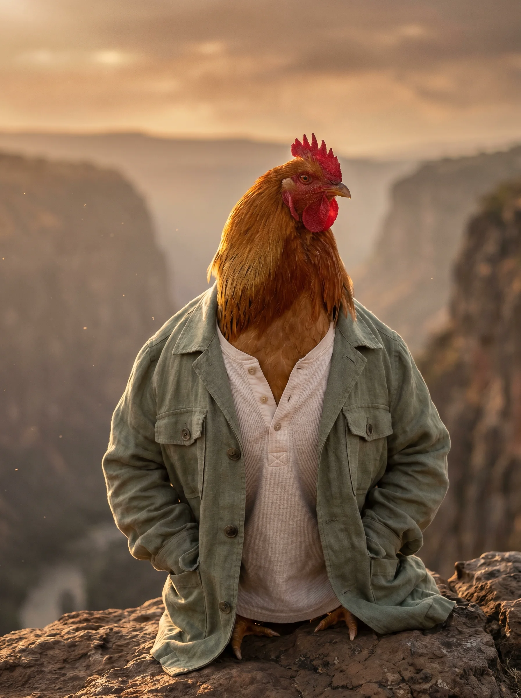 A Buff Brahma rooster in a sage linen field jacket and cream henley shirt, standing at the rocky edge of a vast canyon escarpment at golden hour, hands in pockets, dramatic rift valley stretching into atmospheric haze behind him