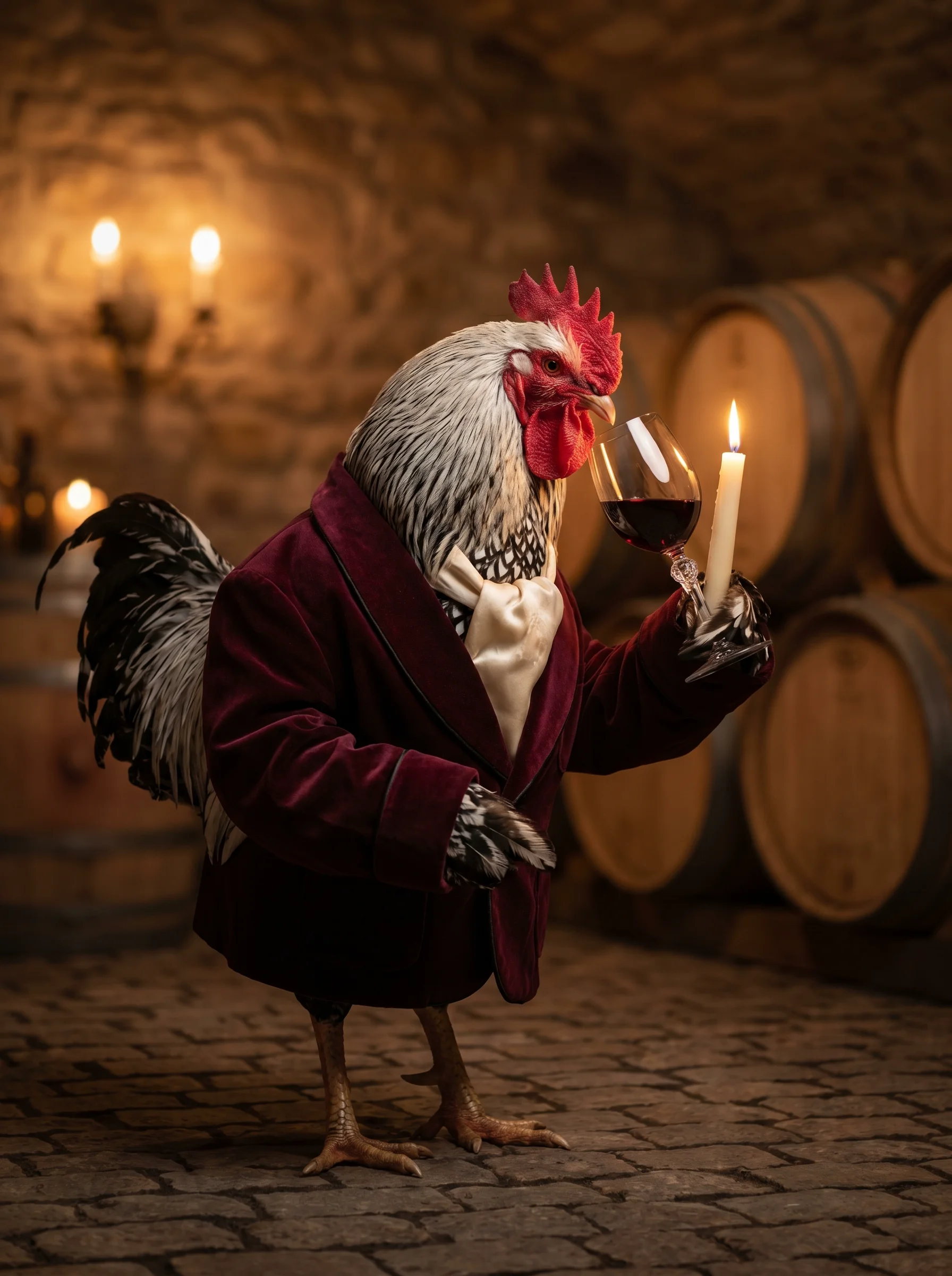 A Silver Laced Wyandotte rooster in a deep burgundy velvet smoking jacket and cream silk ascot standing in a candlelit stone wine cellar, holding a crystal wine glass up near a taper candle, oak barrels stacked behind him, cobblestone floor, warm chiaroscuro candlelight