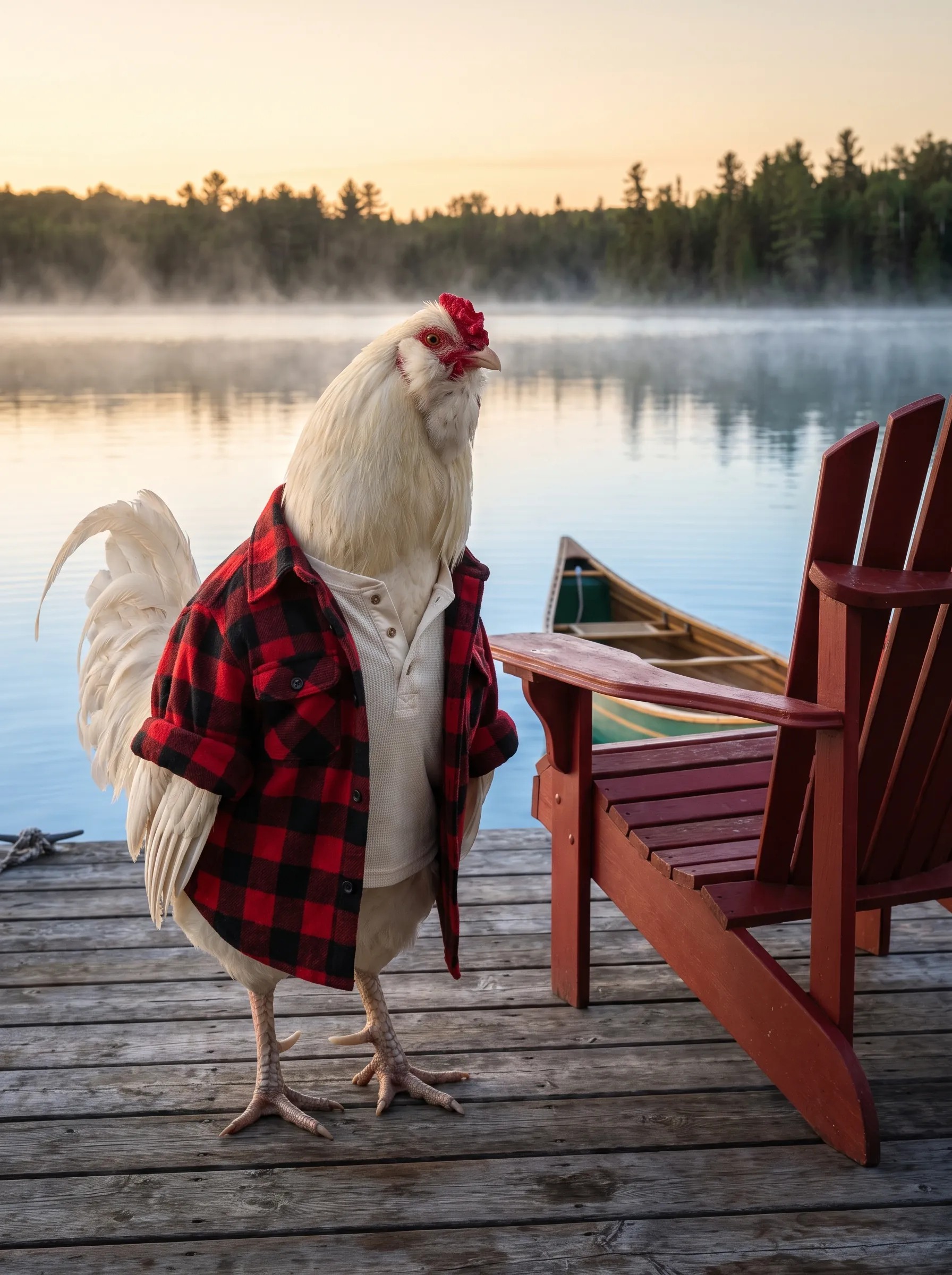 A white Chantecler rooster in a red-and-black buffalo-check wool overshirt over a cream henley, standing on a weathered dock at dawn beside a red Muskoka chair, a green cedar-strip canoe moored behind him, mist lifting off a still lake ringed with dark pines