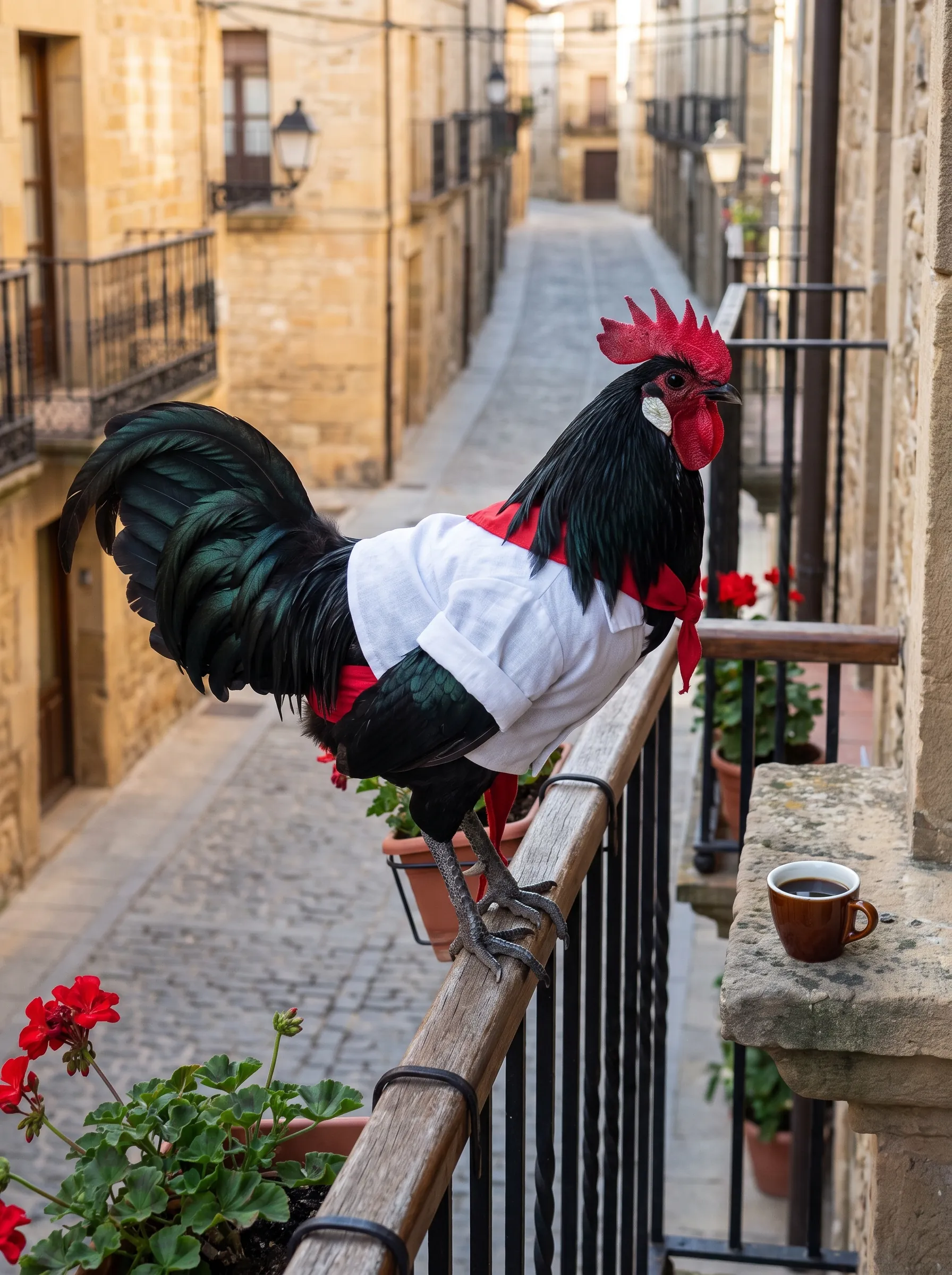A Black Minorca rooster with glossy green-black plumage and white earlobes in a white linen shirt with a red neckerchief and red sash, perched on the wooden rail of a wrought-iron balcony above an empty cobbled street in an old stone town, red geraniums in pots and a cup of coffee on the ledge beside him