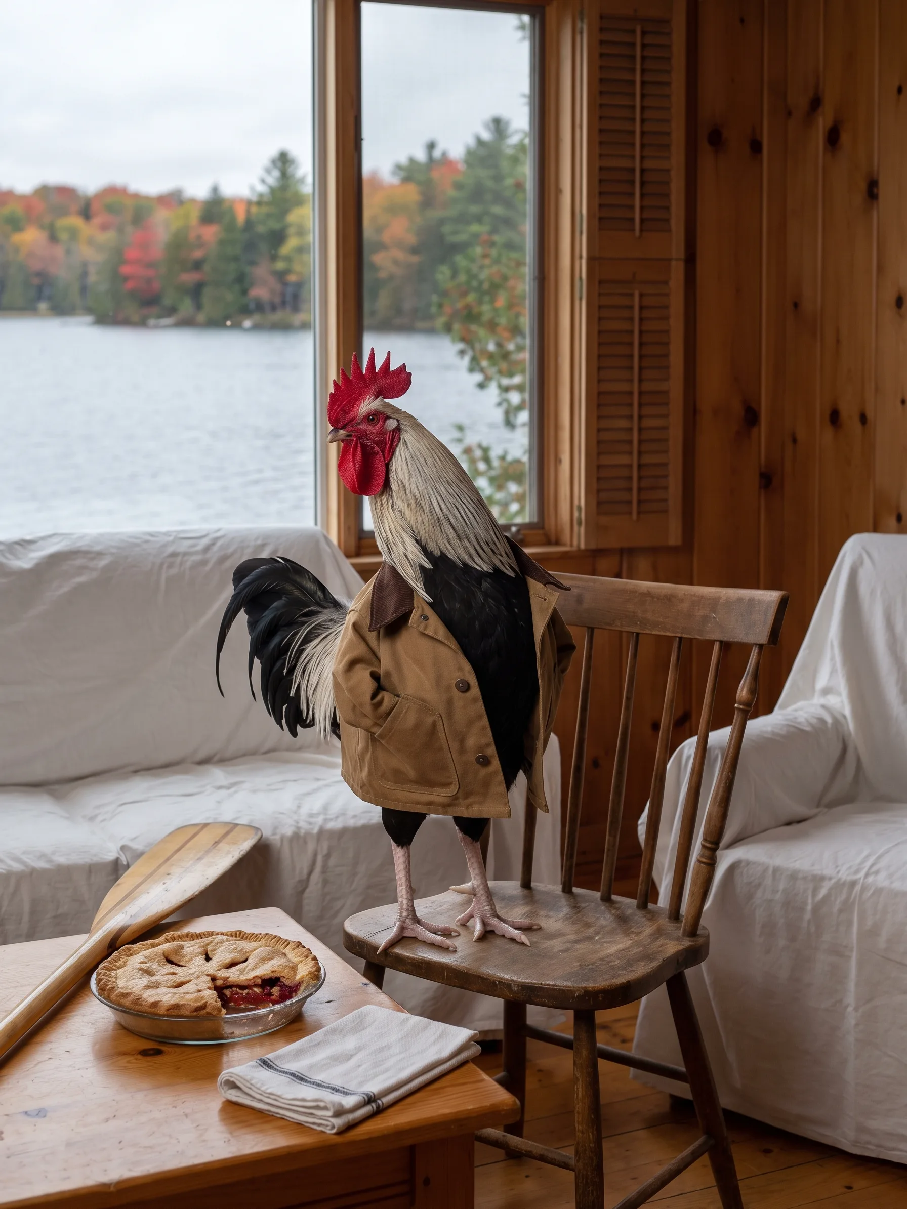 A Silver-Grey Dorking rooster with silvery-white hackles, a solid black breast, a glossy black tail and a large red single comb, in a tan waxed-canvas chore coat with a brown corduroy collar, cut to fit a bird, standing on scaled pale pink rooster legs with talons on the seat of an old wooden spindle-back chair in a knotty-pine lakeside cottage, a sofa and armchair draped in white dust sheets around him, a lattice-topped red berry pie in a glass dish with one slice gone, a folded tea towel and a wooden canoe paddle on a pine table beside him, a half-closed louvred shutter and a window behind showing a grey lake and a far shore of red, orange and green autumn trees under an overcast sky