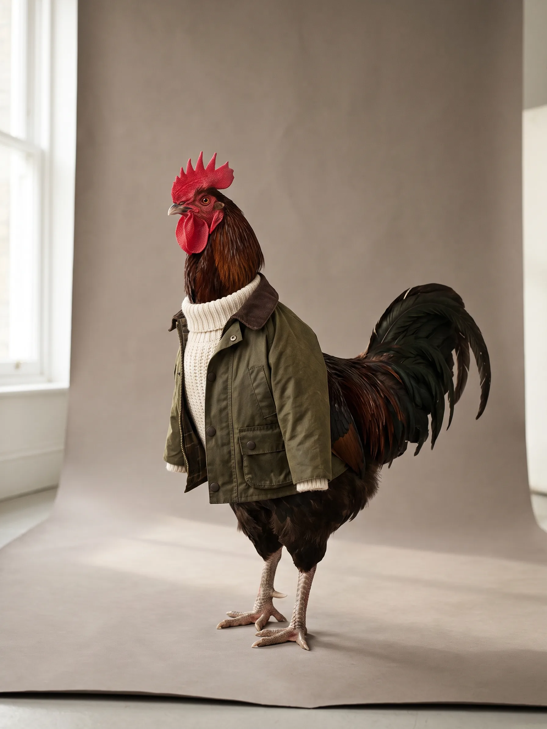 Edmund, a dark chocolate Black Copper Marans rooster with a long black-green tail, in an olive waxed jacket with a corduroy collar over a cream rollneck, standing on a warm grey studio backdrop