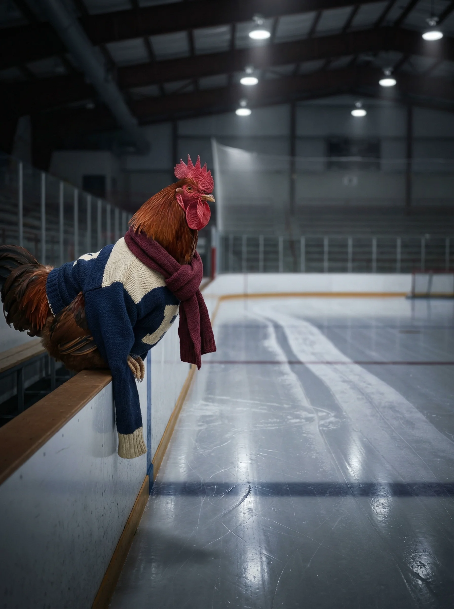 A Rhode Island Red rooster in a vintage navy and cream hockey sweater with a burgundy scarf leaning against the boards of an ice hockey rink, dramatic overhead arena lighting, gleaming ice surface stretching behind him