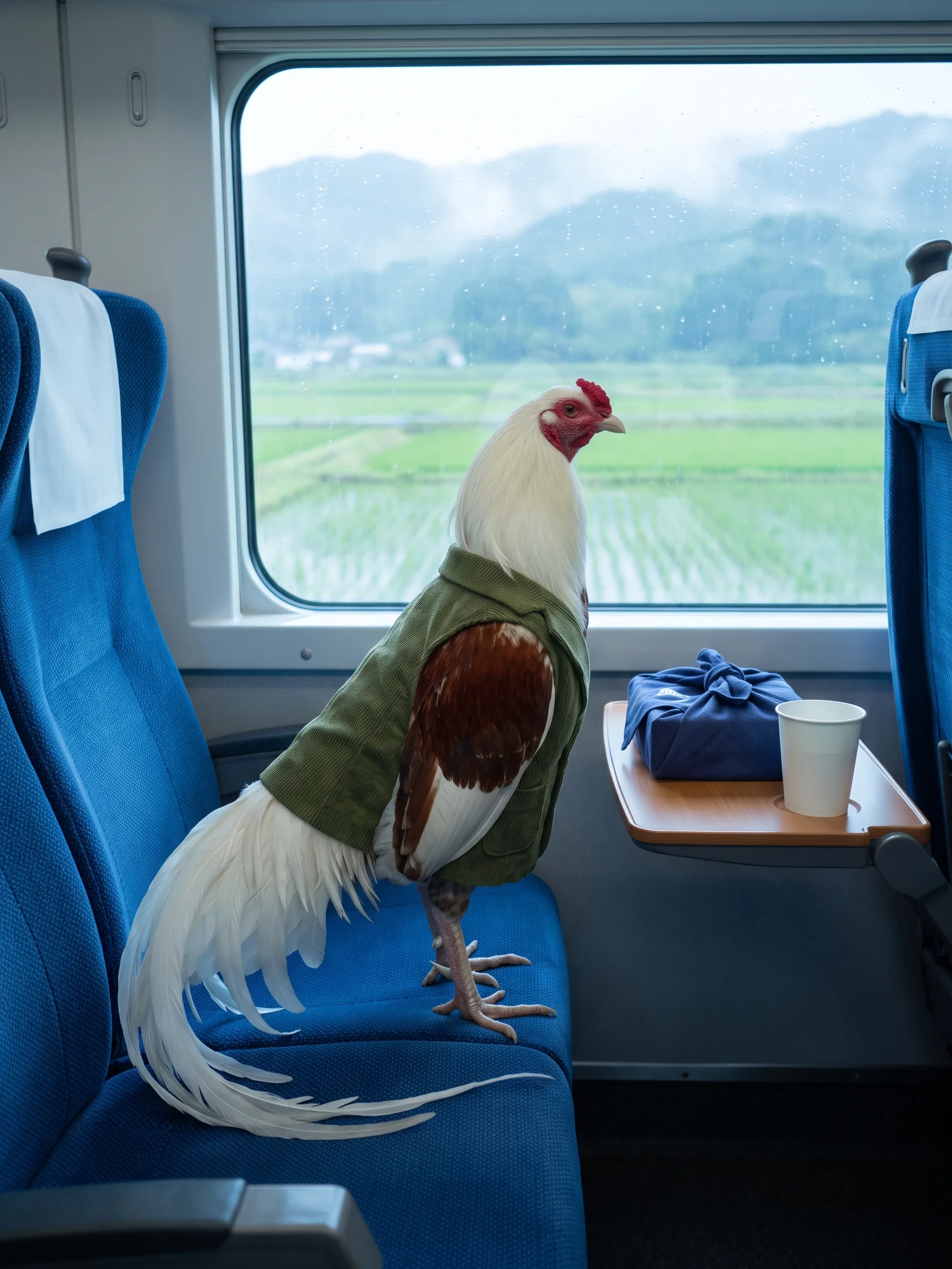 A Yokohama rooster with white plumage, red-brown shoulders and a very long flowing white tail in a moss-green corduroy jacket, standing on a blue upholstered window seat of a Japanese bullet train, a lunch box wrapped in an indigo cloth and a white paper cup on the fold-down tray beside him, green rice fields and misty hills passing the rain-spotted window