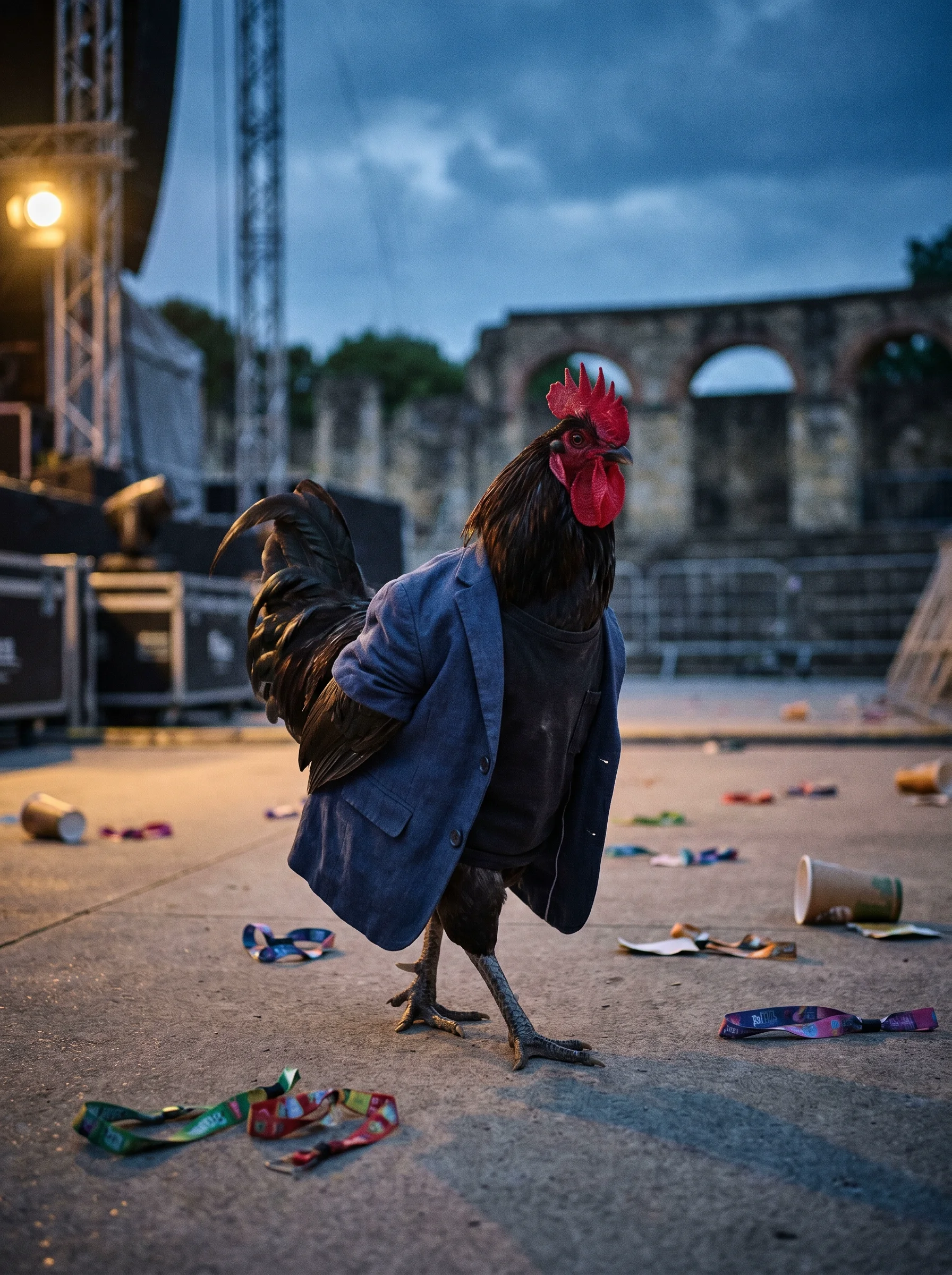 A Black Copper Marans rooster in a rumpled navy linen blazer over a black tee, walking through an empty outdoor concert venue at blue hour dawn, scattered festival wristbands and paper cups on the concrete, industrial stage rigging and Mediterranean stone arches in soft bokeh behind, single amber stage light glowing from the left