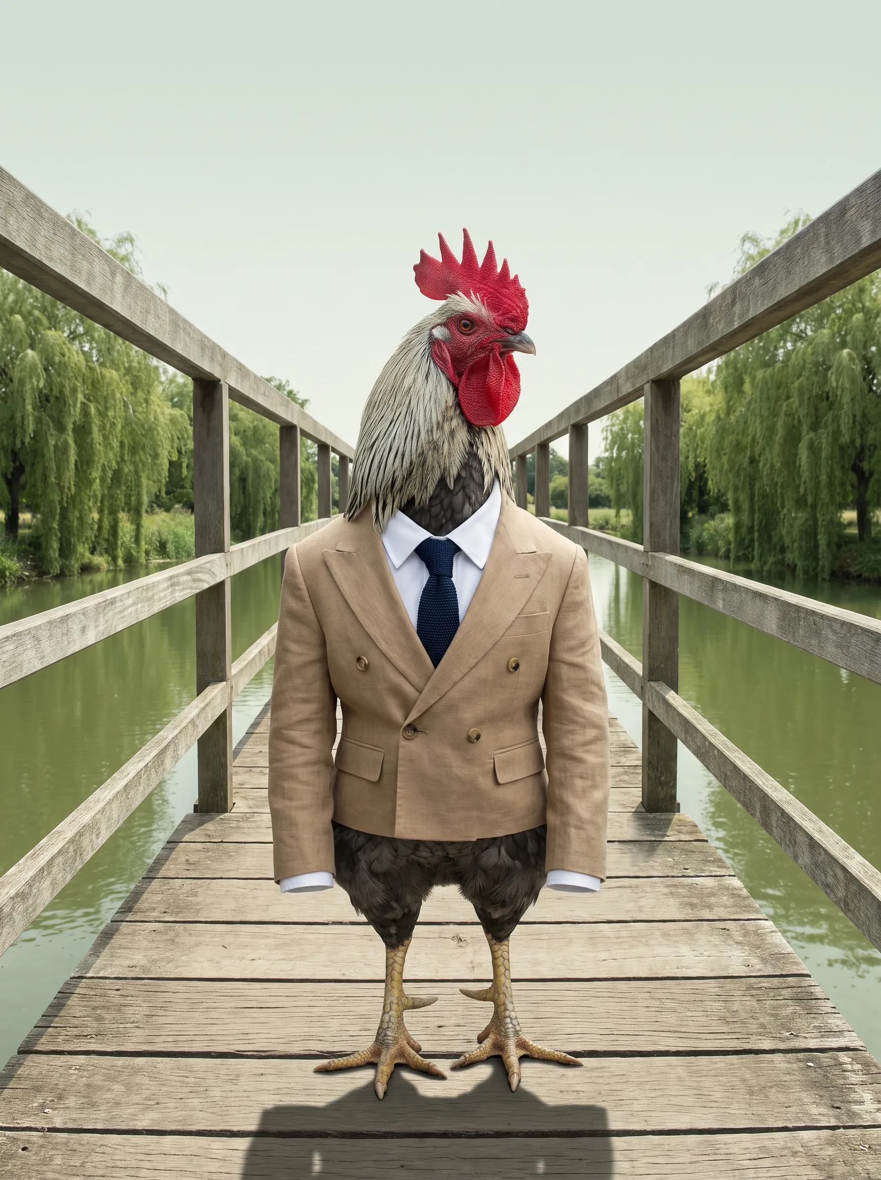 A Silver-Grey Dorking rooster with silver hackles and a dark breast in a tan linen double-breasted jacket, white shirt and navy knit tie, standing at the exact centre of a long wooden footbridge over a still green river, railings converging symmetrically behind him, weeping willows on both banks