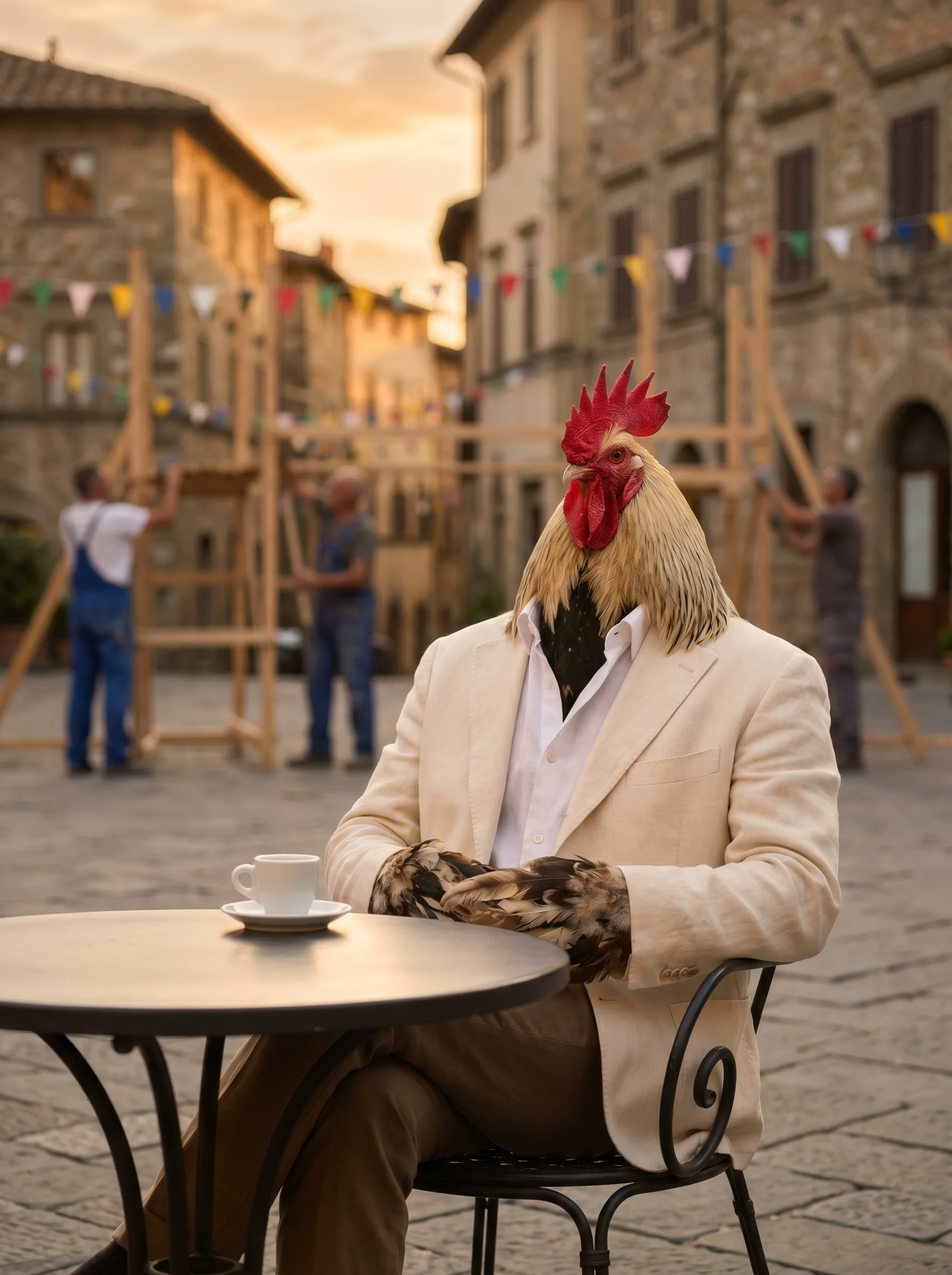 A rooster in a cream linen blazer and open-collar white shirt seated at a wrought-iron cafe table in an Italian piazza at golden hour, a small espresso cup on the table, workers erecting scaffolding and colorful bunting in the blurred background