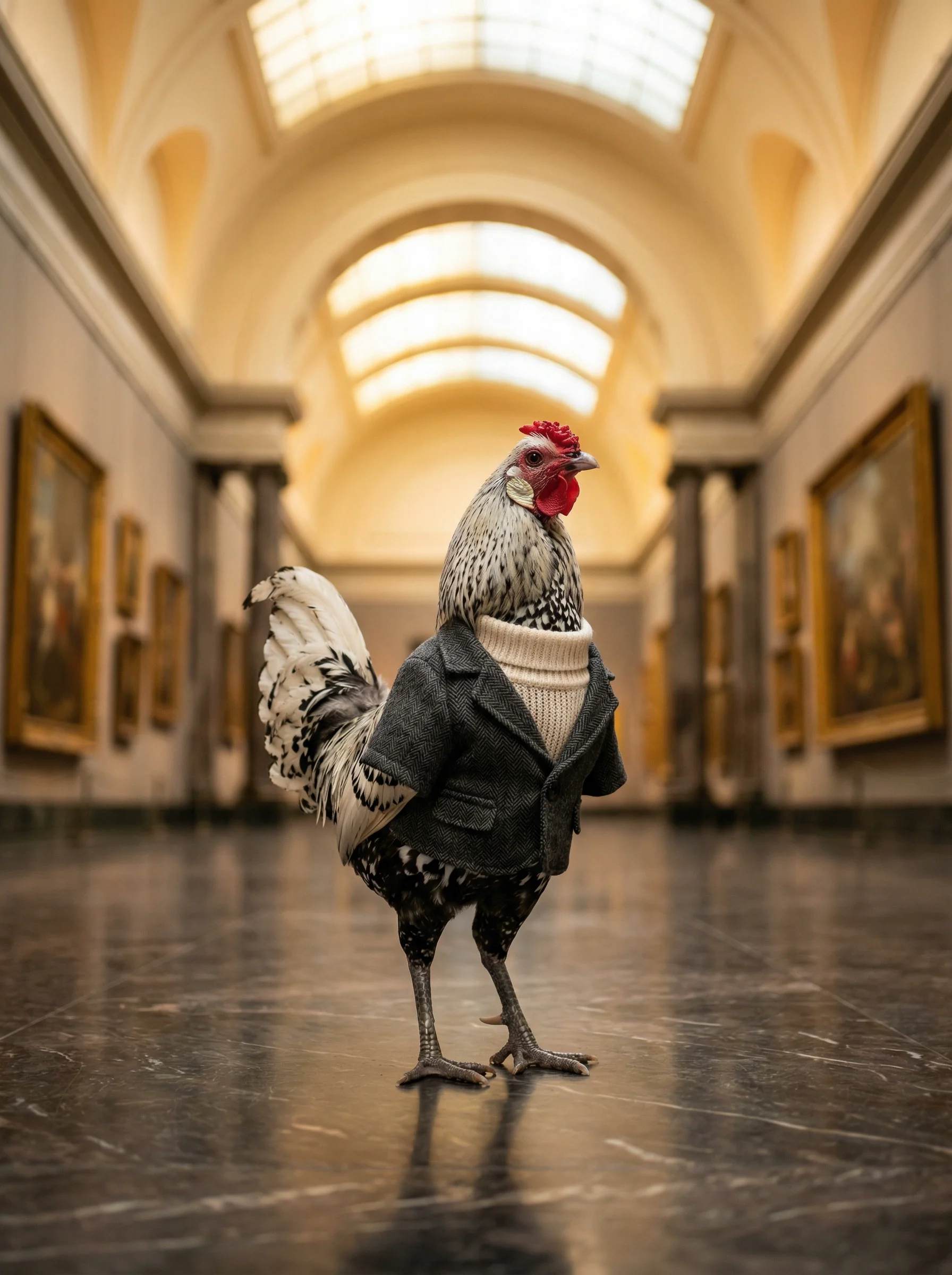 A Silver Spangled Hamburg rooster in a charcoal herringbone blazer over a cream wool turtleneck standing in the center of a grand museum gallery with arched ceilings and skylights, oil paintings in gold frames lining the walls, polished marble floor, low angle shot