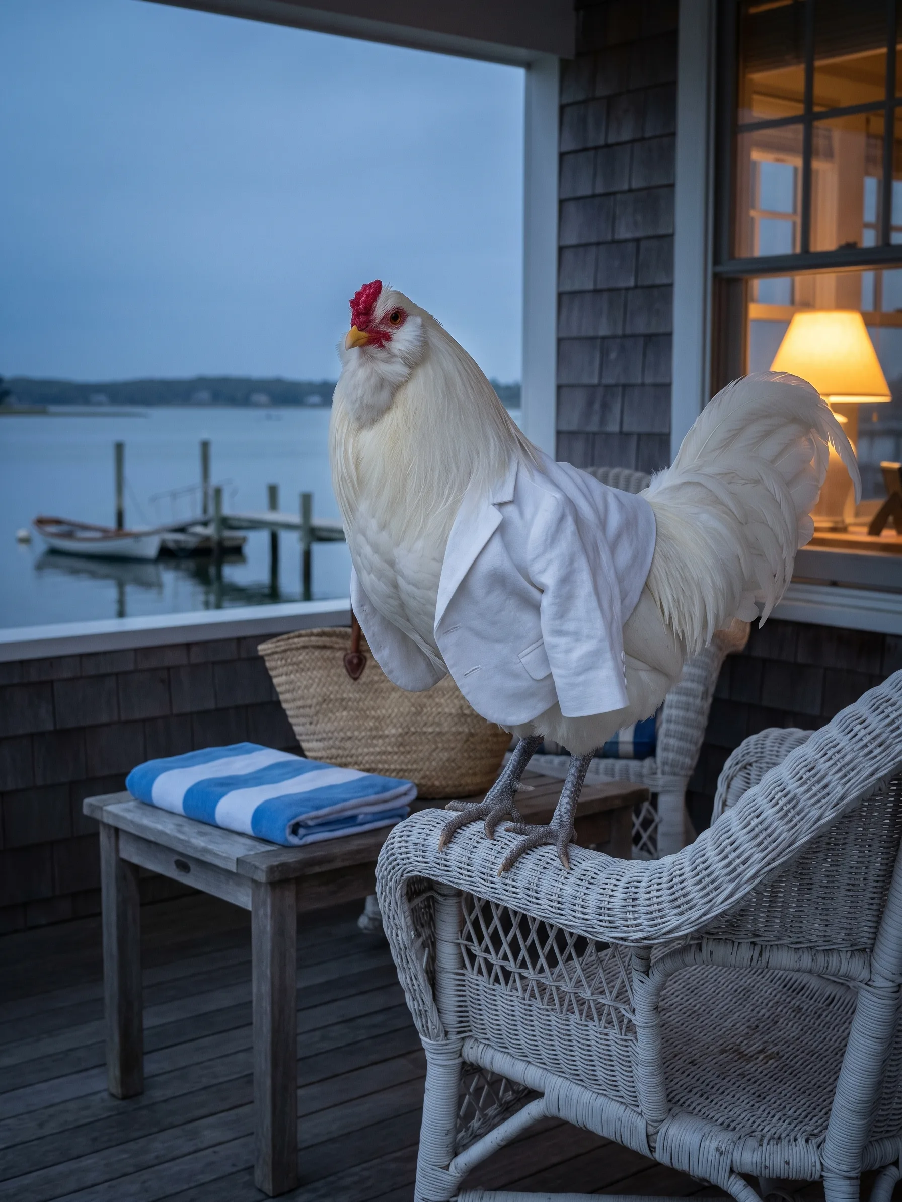 A white Chantecler rooster with snow-white plumage and a small red comb, in a white linen jacket, perched on the arm of a white wicker armchair on the porch of a shingled summer house at dusk, a blue-and-white striped beach towel and a straw beach bag on a side table, a calm bay with a wooden dock and a moored rowing boat beyond, a lamp glowing in the window