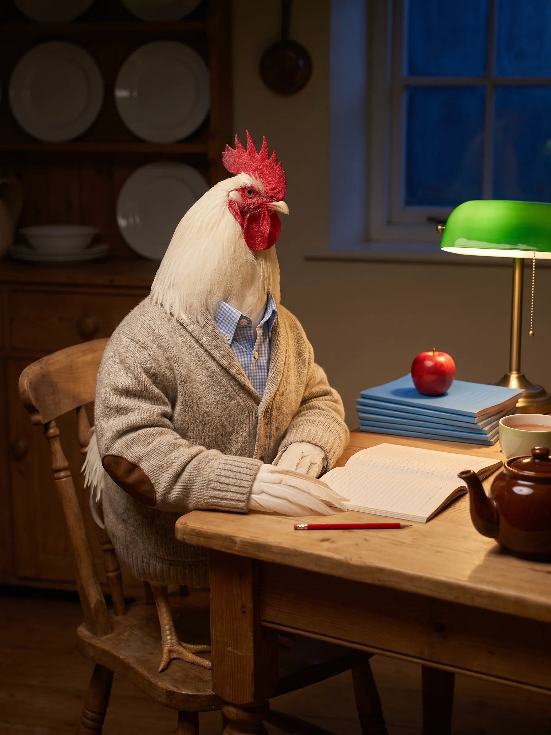 A Rhode Island White rooster with smooth pure white plumage and a red single comb, in an oatmeal wool cardigan with brown leather elbow patches over a pale blue checked shirt, seated upright like a gentleman at a scrubbed wooden kitchen table in the evening, folded white wing feathers resting on the table and one scaled yellow rooster foot with talons resting on the chair rung, a stack of plain light-blue exercise books with a red apple on top, one book open with faint ruled lines, a red pencil lying beside it, a brown teapot and a pale green cup of tea, a green glass-shaded brass lamp giving warm light, a dresser of white plates and a dusk-blue window behind