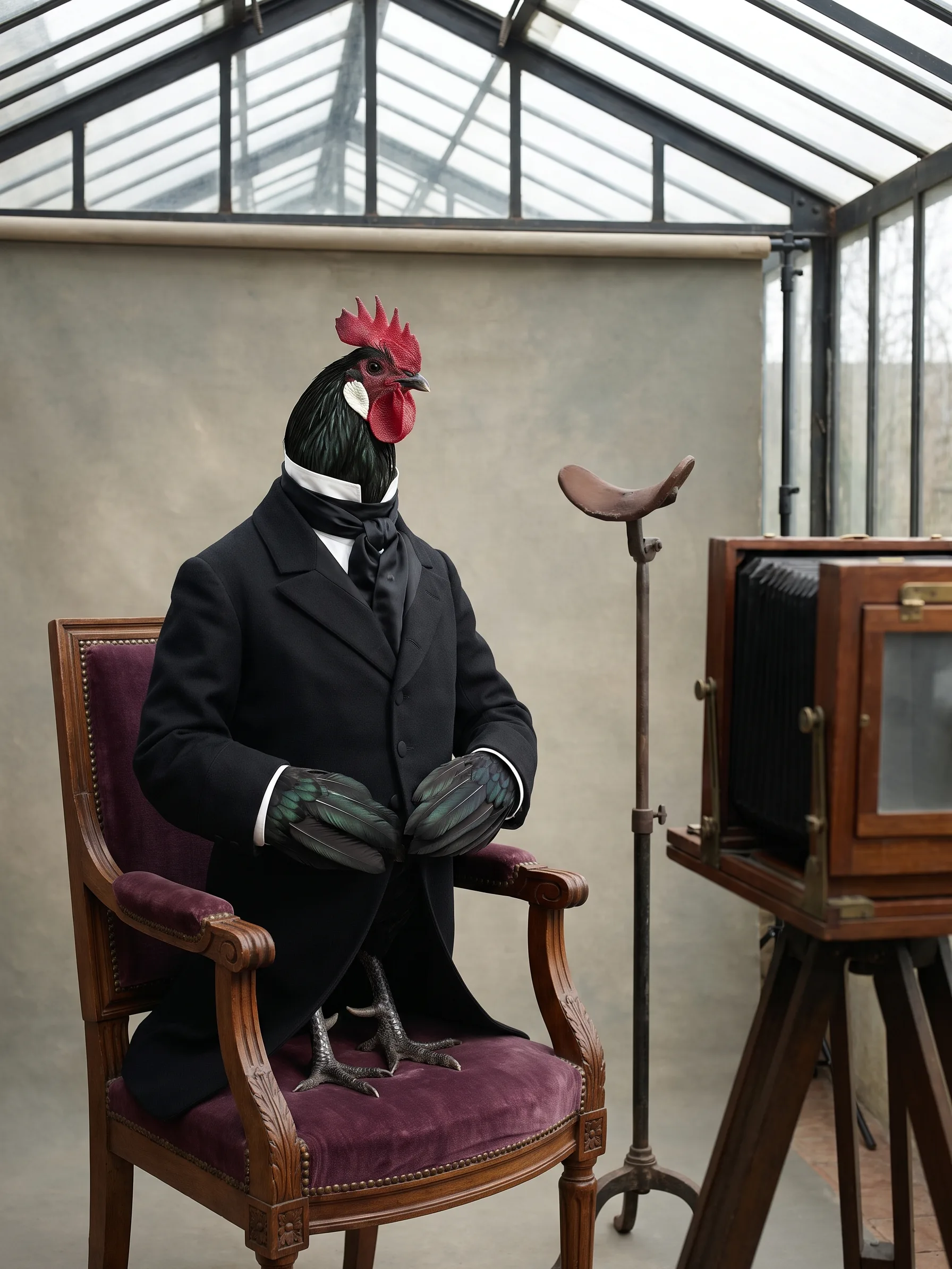 A La Flèche rooster with glossy black plumage, a white earlobe and a red comb, upright like a gentleman in a black frock coat, white high-collared shirt and black silk cravat, wing feathers folded at his cuffs, standing on the plum velvet seat of a carved wooden chair in a glass-roofed nineteenth-century portrait studio, an iron posing stand beside him and a large wooden bellows camera on a tripod facing him in soft daylight