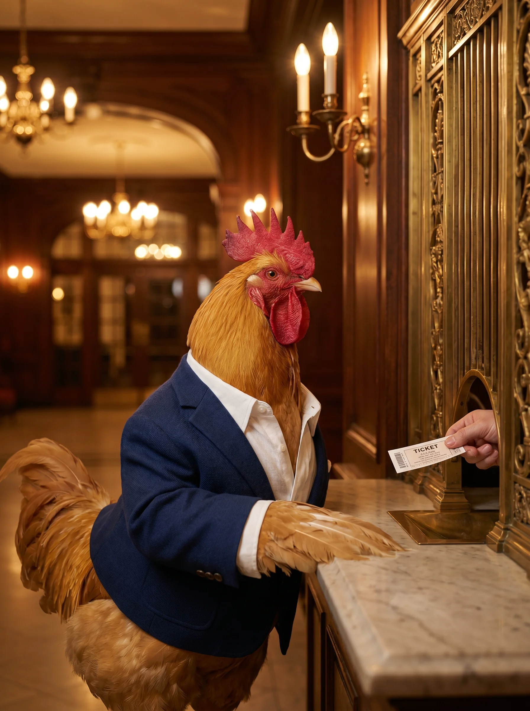 A Buff Orpington rooster in a navy wool blazer and open-collar white linen shirt standing at an ornate gilded theater box office window, receiving a printed ticket through the brass grille, warm amber lighting from vintage sconces illuminating the mahogany-paneled lobby behind him.