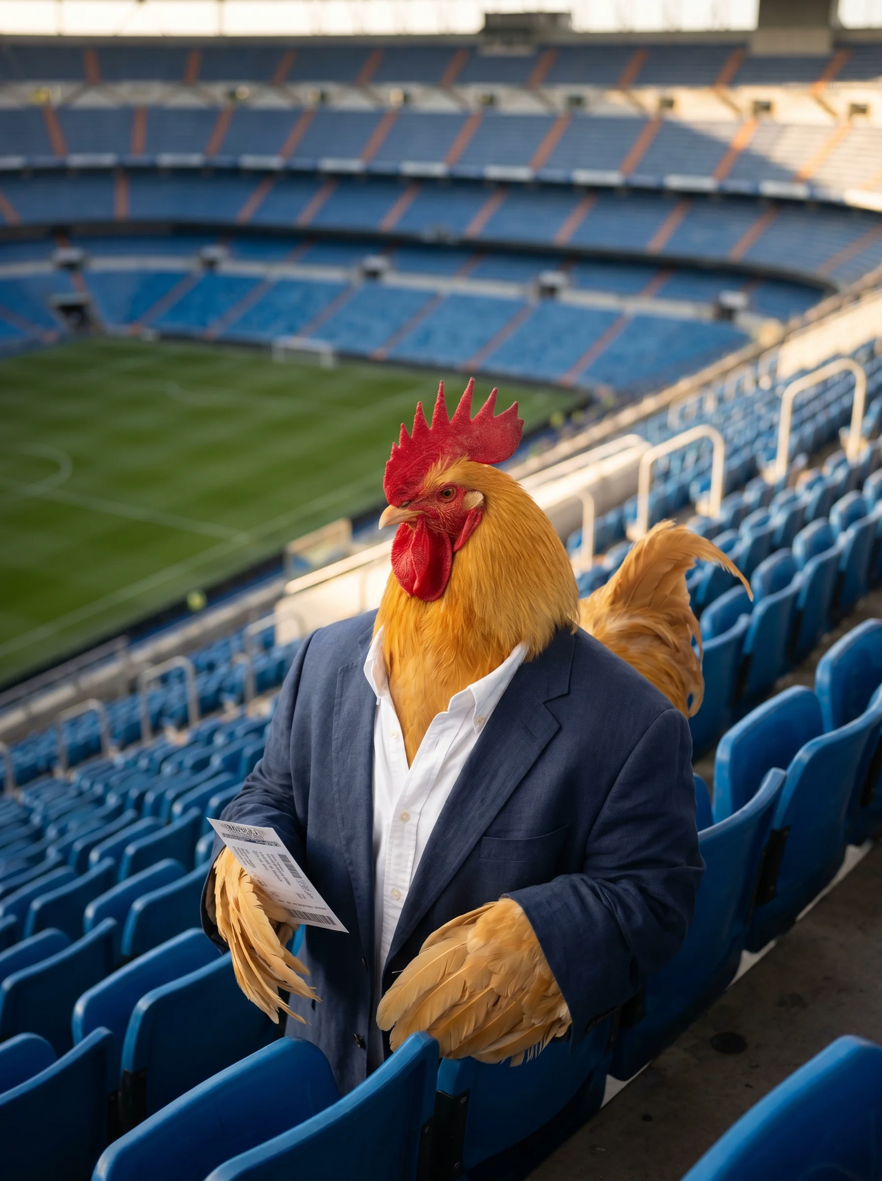 A Buff Orpington rooster in a navy linen sport coat over a white oxford shirt, standing in the upper deck of a massive empty football stadium holding a ticket stub, the green pitch far below, late afternoon golden light