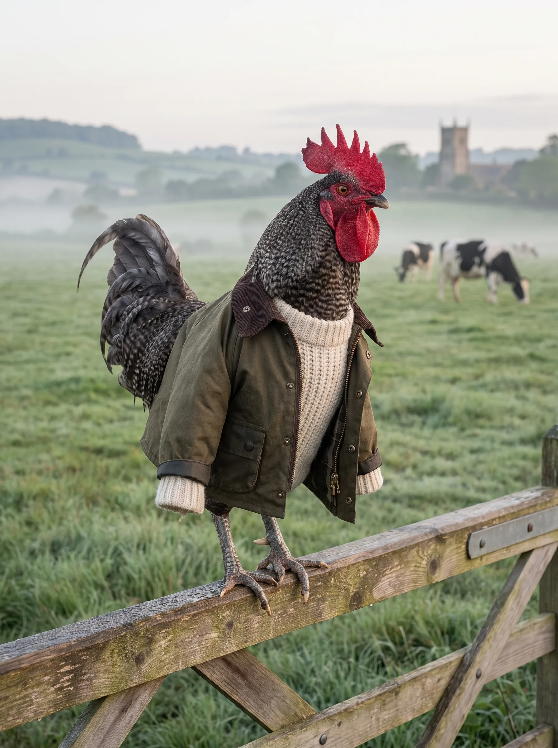 A Cuckoo Marans rooster with slate-grey barred plumage in an olive waxed-cotton field jacket with a brown corduroy collar over a cream fisherman's knit, perched on a weathered wooden five-bar gate at the edge of a misty green pasture at dawn, black-and-white dairy cows grazing behind him and a stone church tower on the distant hills