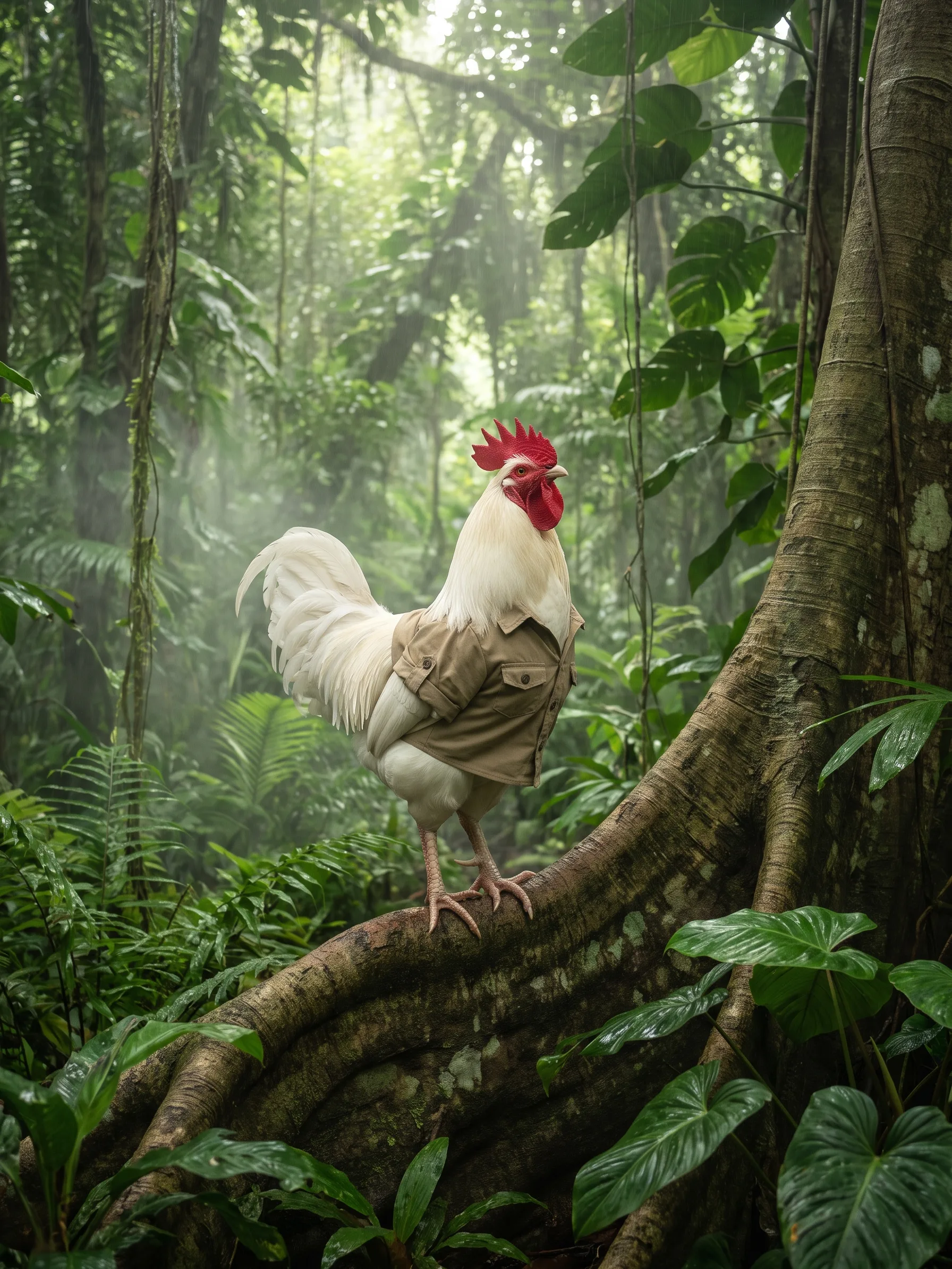A White Plymouth Rock rooster with clean white plumage and a bright red comb in a khaki cotton bush shirt, standing on the great buttress root of a giant rainforest tree in the Amazon, ferns, broad leaves and hanging lianas around him, mist and soft green light falling through the canopy