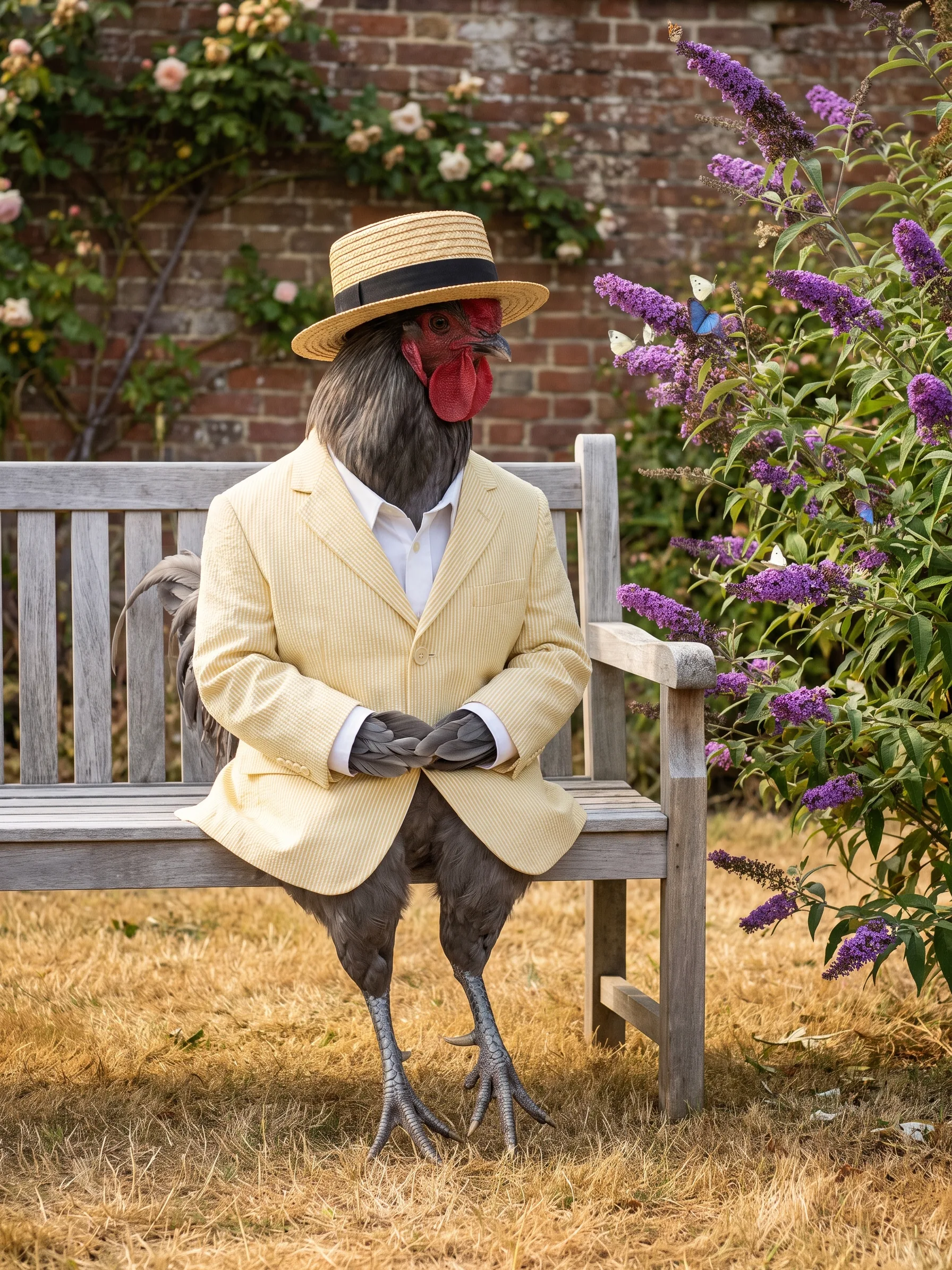 A Cuckoo Marans rooster with smooth dark slate-grey plumage in a pale yellow seersucker jacket over a white shirt and a straw boater with a black band, seated upright on a weathered teak garden bench like a gentleman, folded wing feathers in his lap and scaled grey rooster legs reaching down to the dry golden grass, a tall purple buddleia beside him with a few small white and blue butterflies, climbing roses on an old brick wall behind