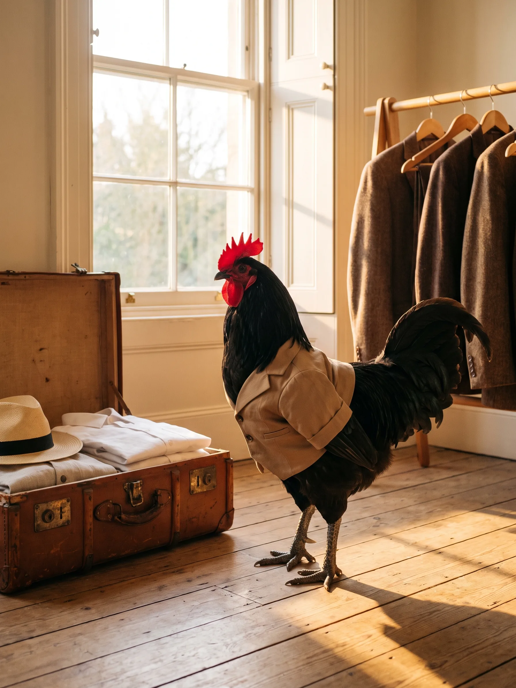 A Black Java rooster with glossy black plumage shot with green in a fawn cotton jacket, standing on a wooden floor beside an open leather steamer trunk in a sunlit bedroom, folded white linen shirts and a straw hat packed in the trunk on one side, brown tweed jackets hanging on a clothes rail on the other, low late-afternoon light at the window