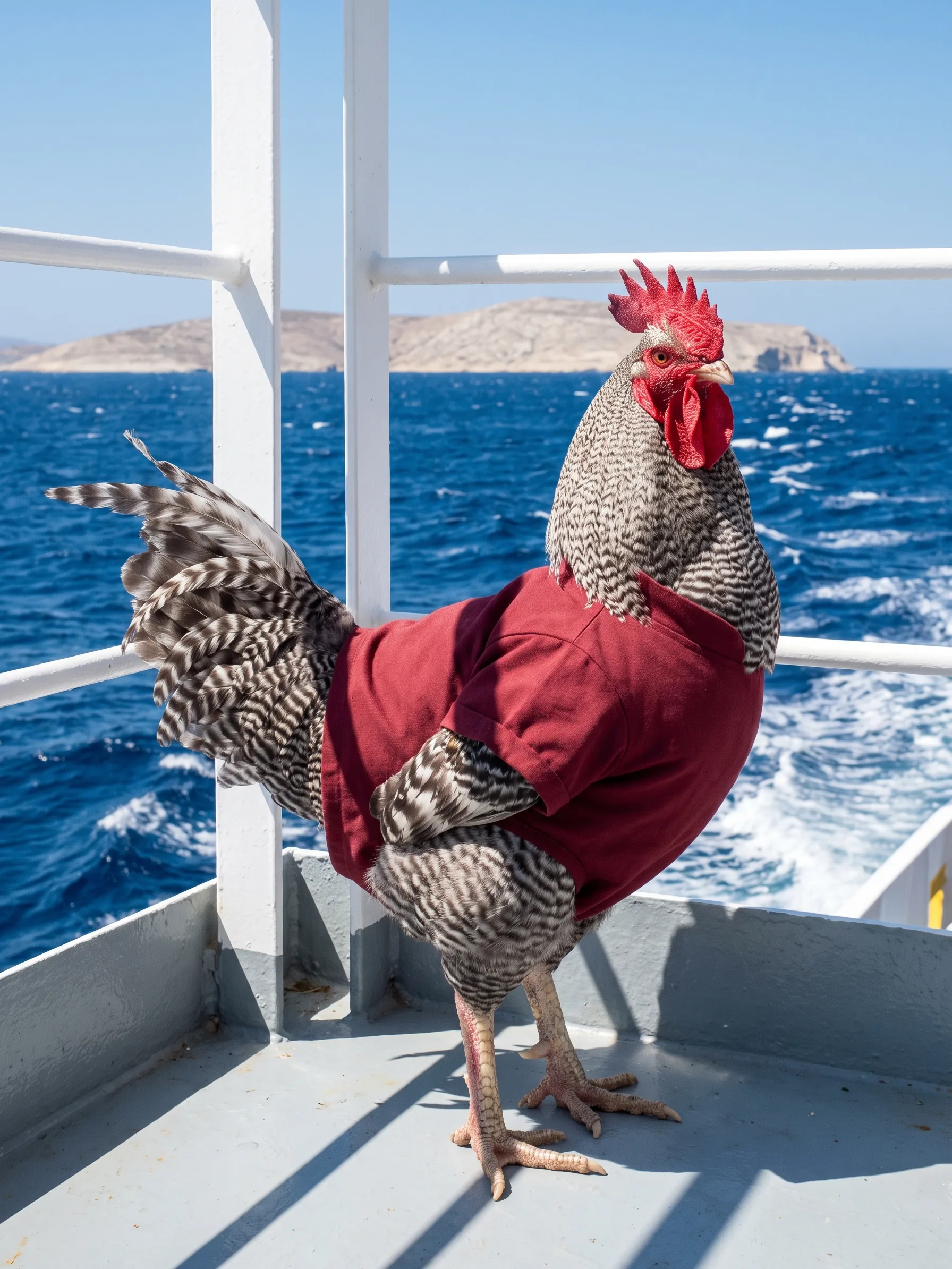 A Barred Plymouth Rock rooster with grey-and-white barred plumage in an oxblood-red cotton smock, standing on the open rear deck of a Greek island ferry beside white railings, a deep-blue sea with whitecaps and the ferry's white wake behind him and a pale, bare island on the horizon under a clear sky