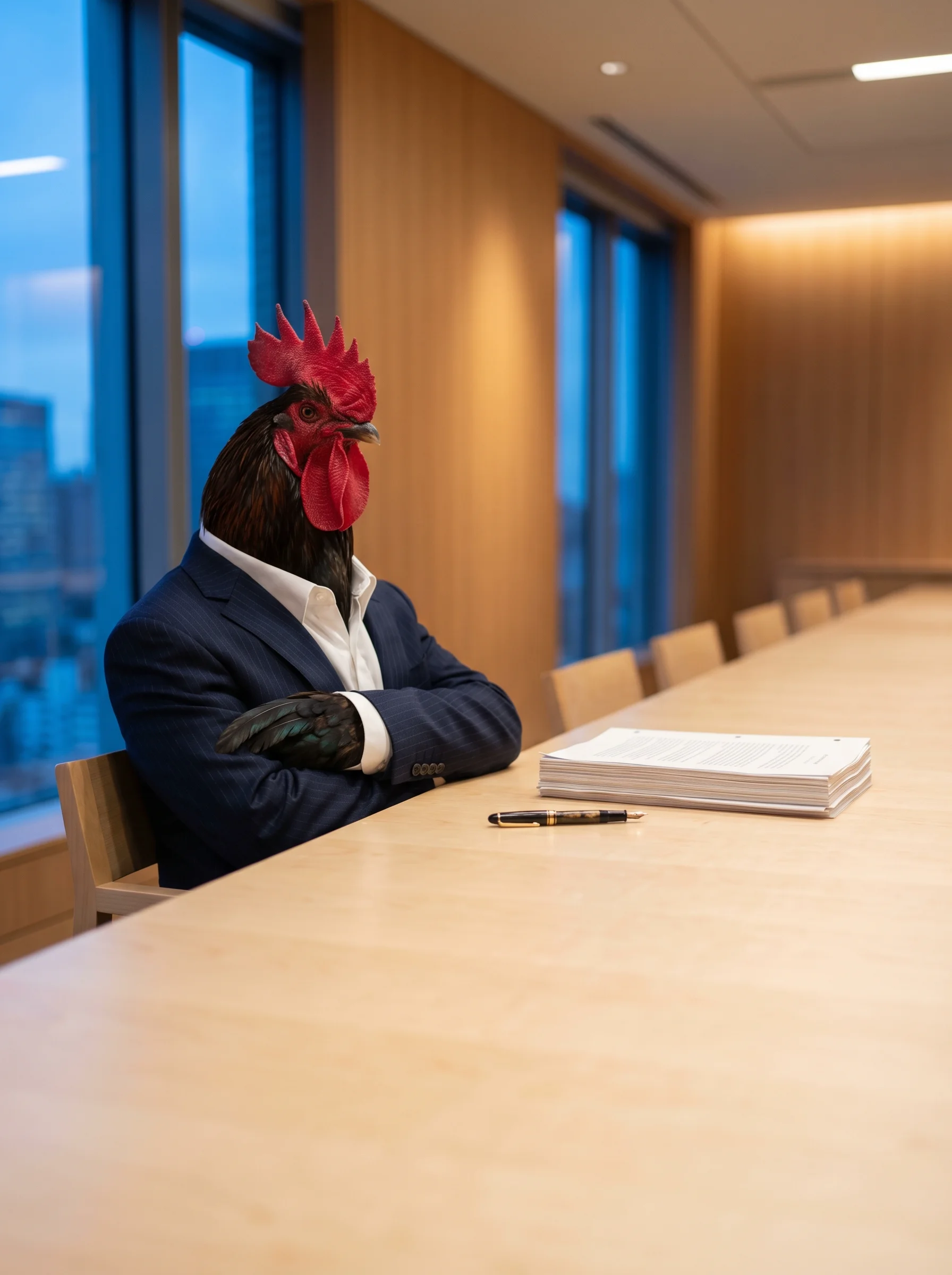 A Black Copper Marans rooster in a midnight navy pinstripe suit and white spread-collar shirt seated alone at the far end of a long birch conference table in a minimalist boardroom, a fountain pen and stack of documents before him, floor-to-ceiling windows showing a city skyline at blue hour dusk