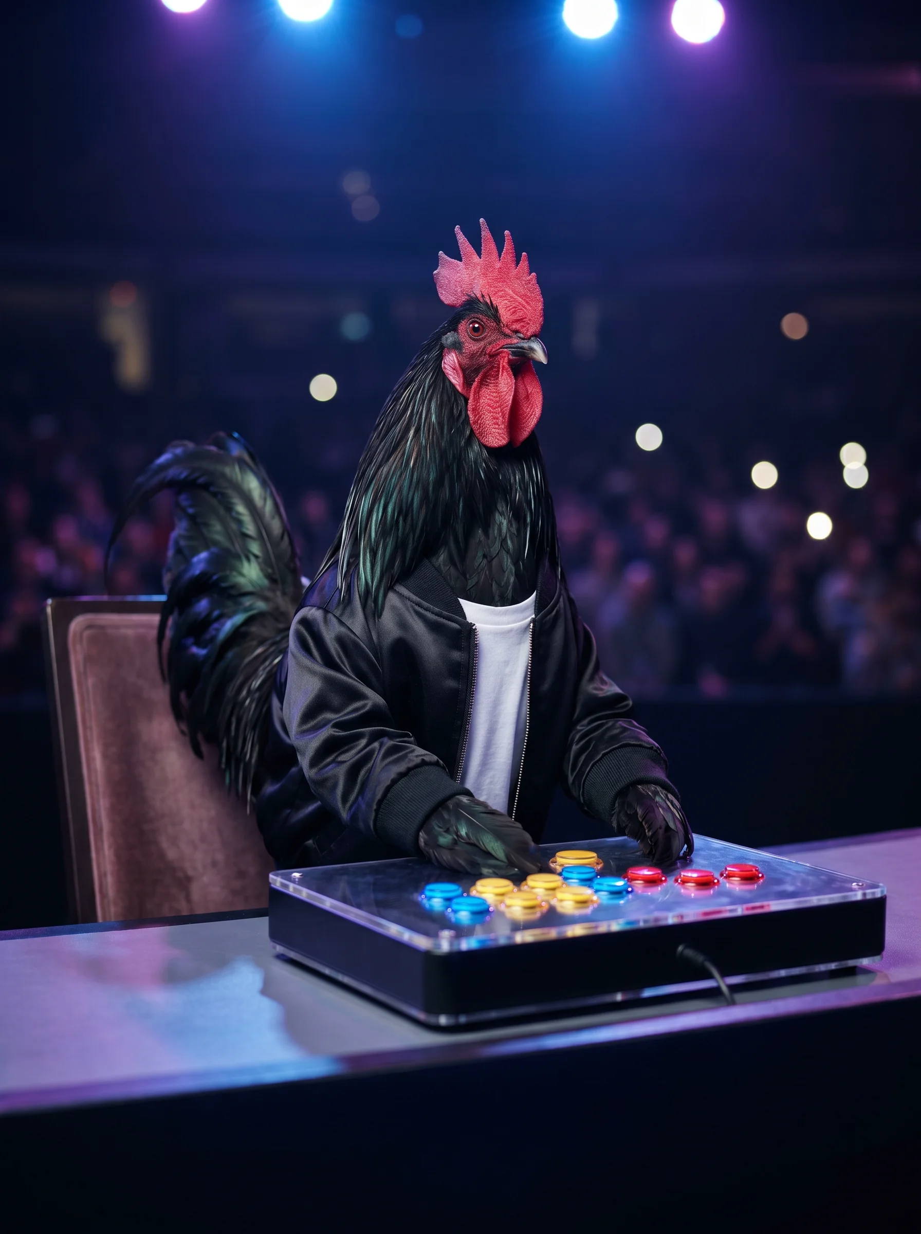 A Black Sumatra rooster in a black bomber jacket over a white t-shirt, seated at a competition desk with an arcade fight stick, under blue and purple stage lighting in a darkened arena with bokeh crowd lights behind