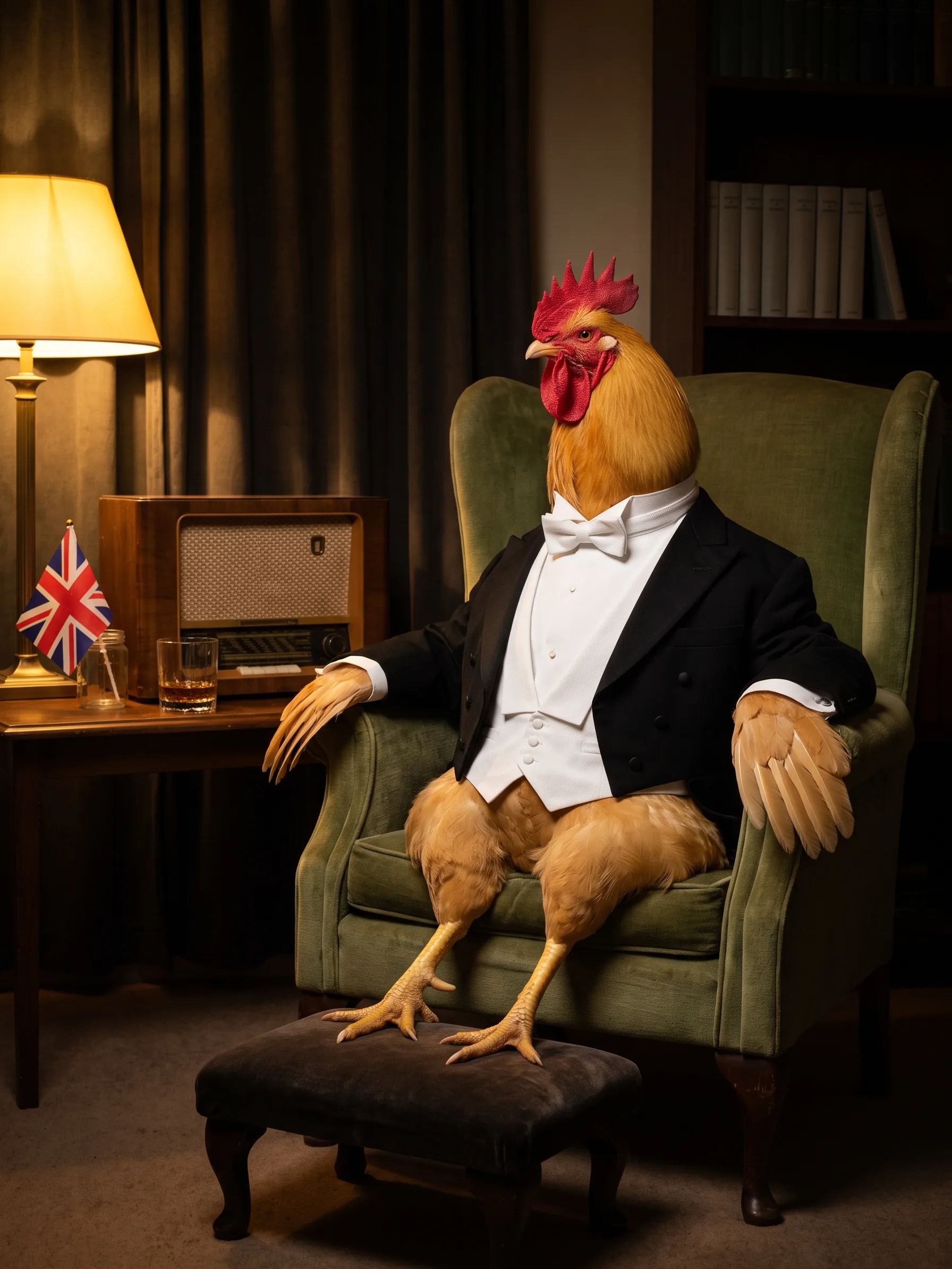 A Buff Plymouth Rock rooster with solid golden-buff plumage in a black evening tailcoat, white waistcoat and white bow tie, seated upright in a worn green velvet wingback armchair with his scaled rooster legs resting on a velvet footstool, a walnut valve radio, a small paper Union flag in a jam jar and a glass of whisky on the side table beside him, a lamplit London sitting room with heavy curtains drawn