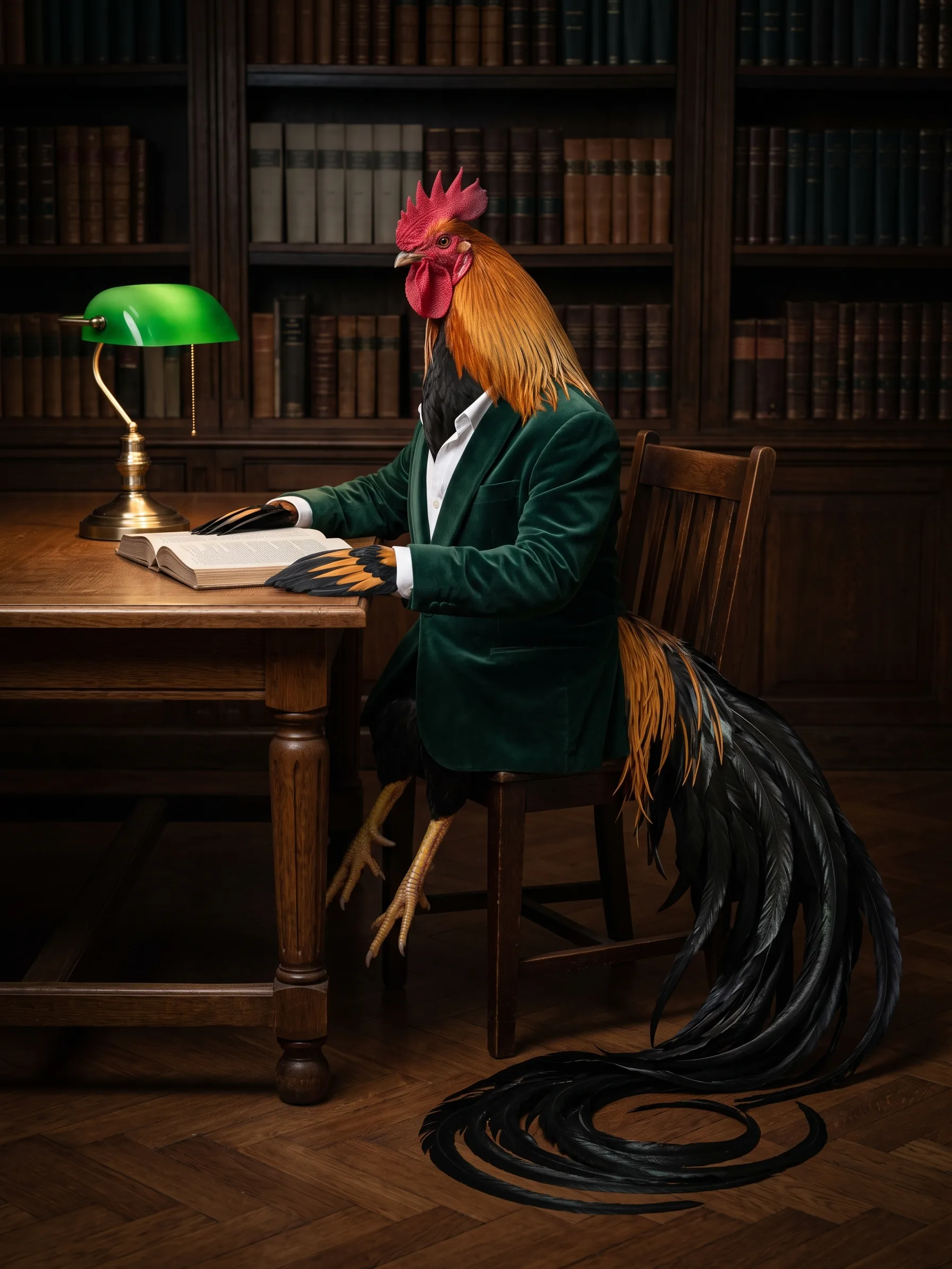 A black-breasted red Onagadori rooster with long golden-orange hackles and a very long black tail coiling across the parquet floor, seated upright on a wooden chair at an oak library table in a bottle-green velvet jacket and white shirt, an old book open before him beside a brass lamp with a green glass shade, shelves of leather-bound books in the dim reading room behind