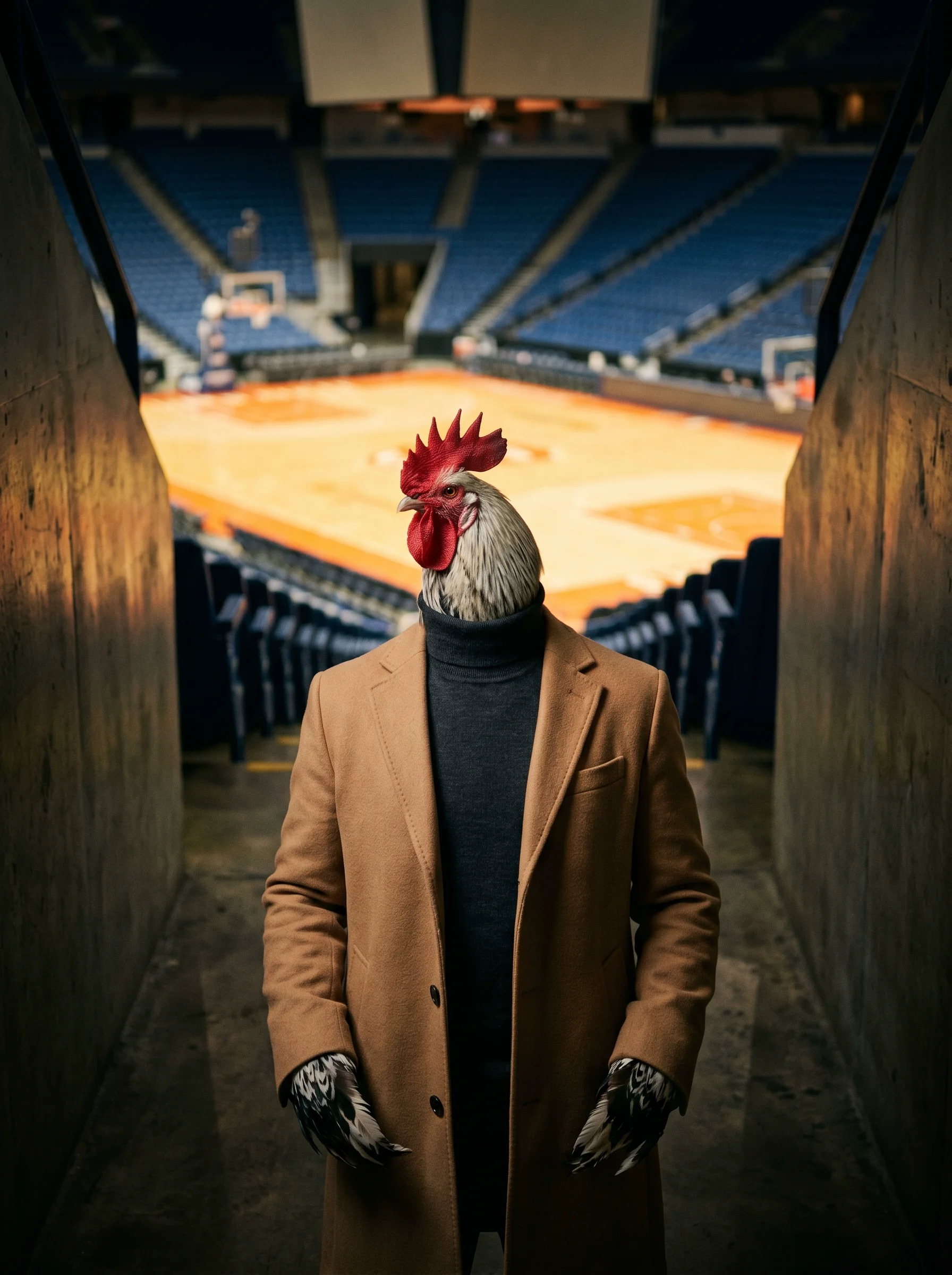 A Silver Spangled Hamburg rooster in a camel hair topcoat over a charcoal turtleneck standing in a concrete arena tunnel, an empty basketball court glowing warm orange behind him with tiers of blue seats rising on all sides