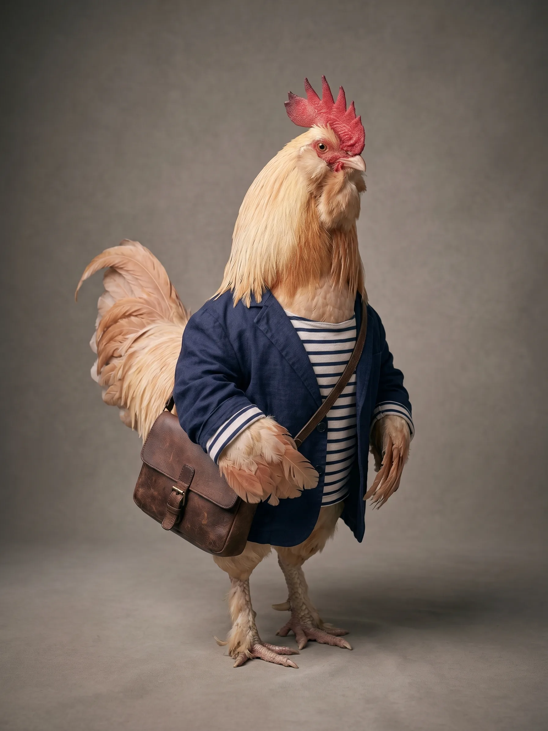 Géraud, a bearded Salmon Faverolles rooster with feathered feet in a navy linen blazer over a Breton-striped top, a leather satchel across his body, standing on a warm grey studio backdrop