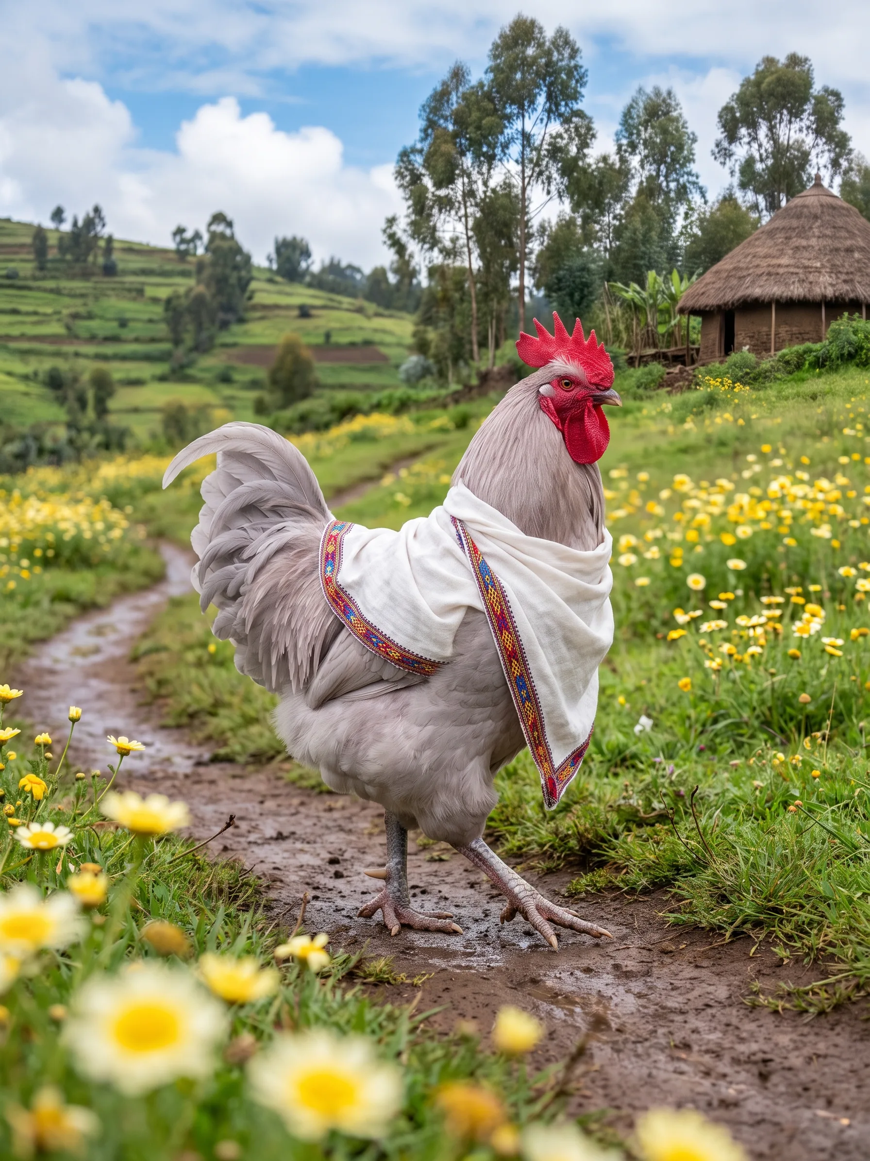 A Lavender Orpington rooster with lilac-grey plumage and a red comb, wearing a white cotton shawl with a woven red, yellow and blue border, walking along a muddy footpath through a meadow of yellow and white daisies, terraced green hills, eucalyptus trees and a round thatched house behind under a blue sky with white clouds