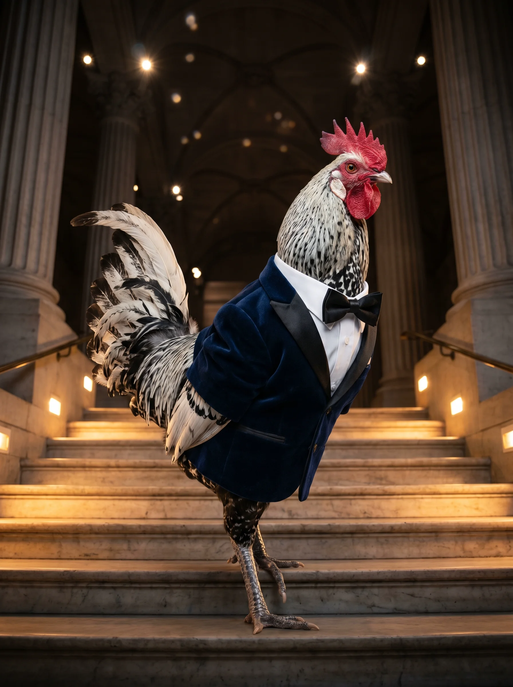 A Silver Spangled Hamburg rooster in a midnight-blue velvet dinner jacket with black satin lapels and bow tie, ascending a grand marble staircase shot from a low angle, neoclassical columns and vaulted ceiling above, warm amber uplighting from recessed stair lights