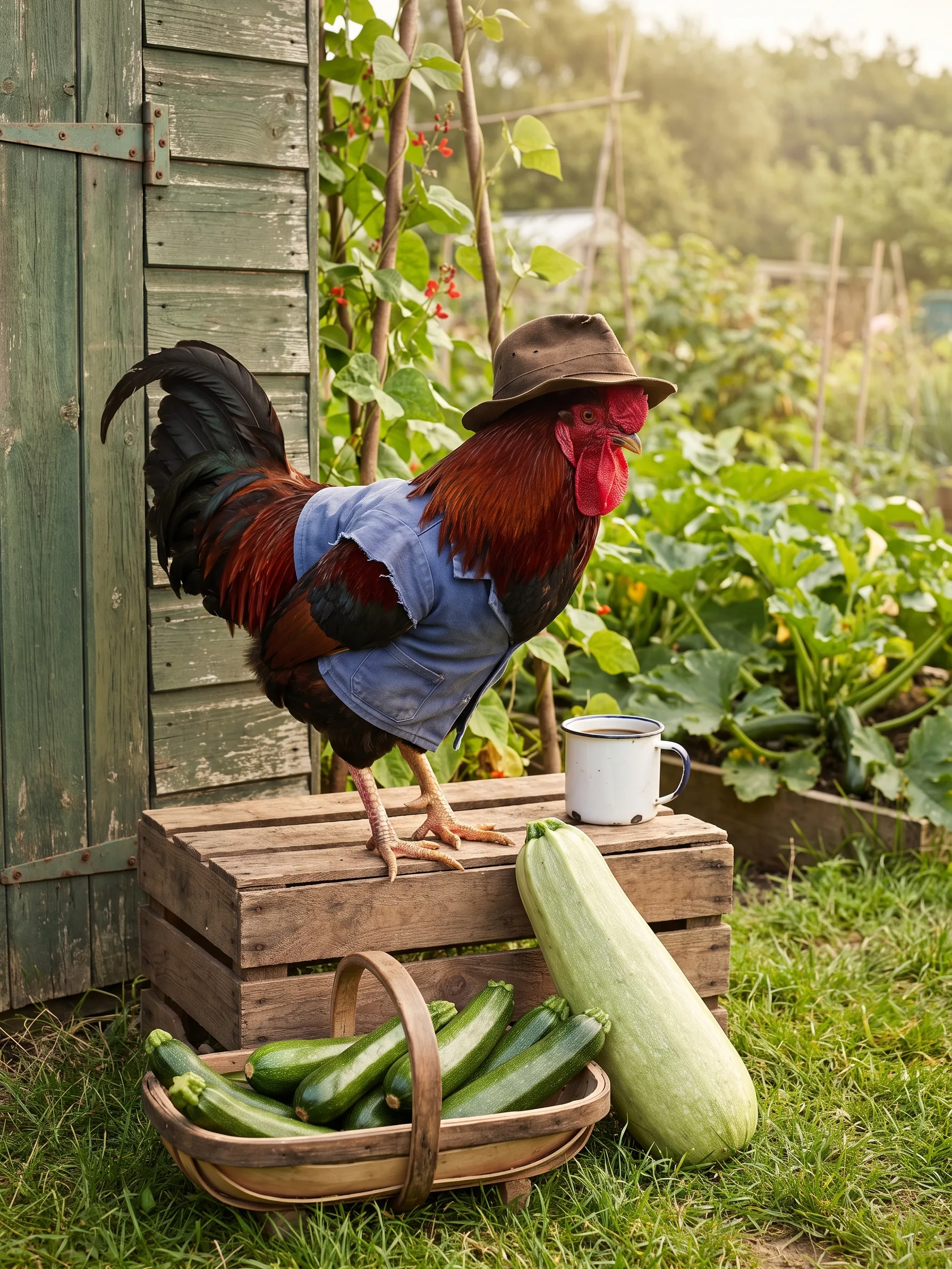 A Red Dorking rooster with deep red and black plumage in a faded blue cotton work jacket and an old brown felt hat, standing on an upturned wooden crate beside a weathered green shed on an English allotment, an enamel mug of tea on the crate, a wooden trug of courgettes and one enormous pale green marrow at his feet, runner beans with red flowers climbing canes and courgette plants behind in hazy evening light