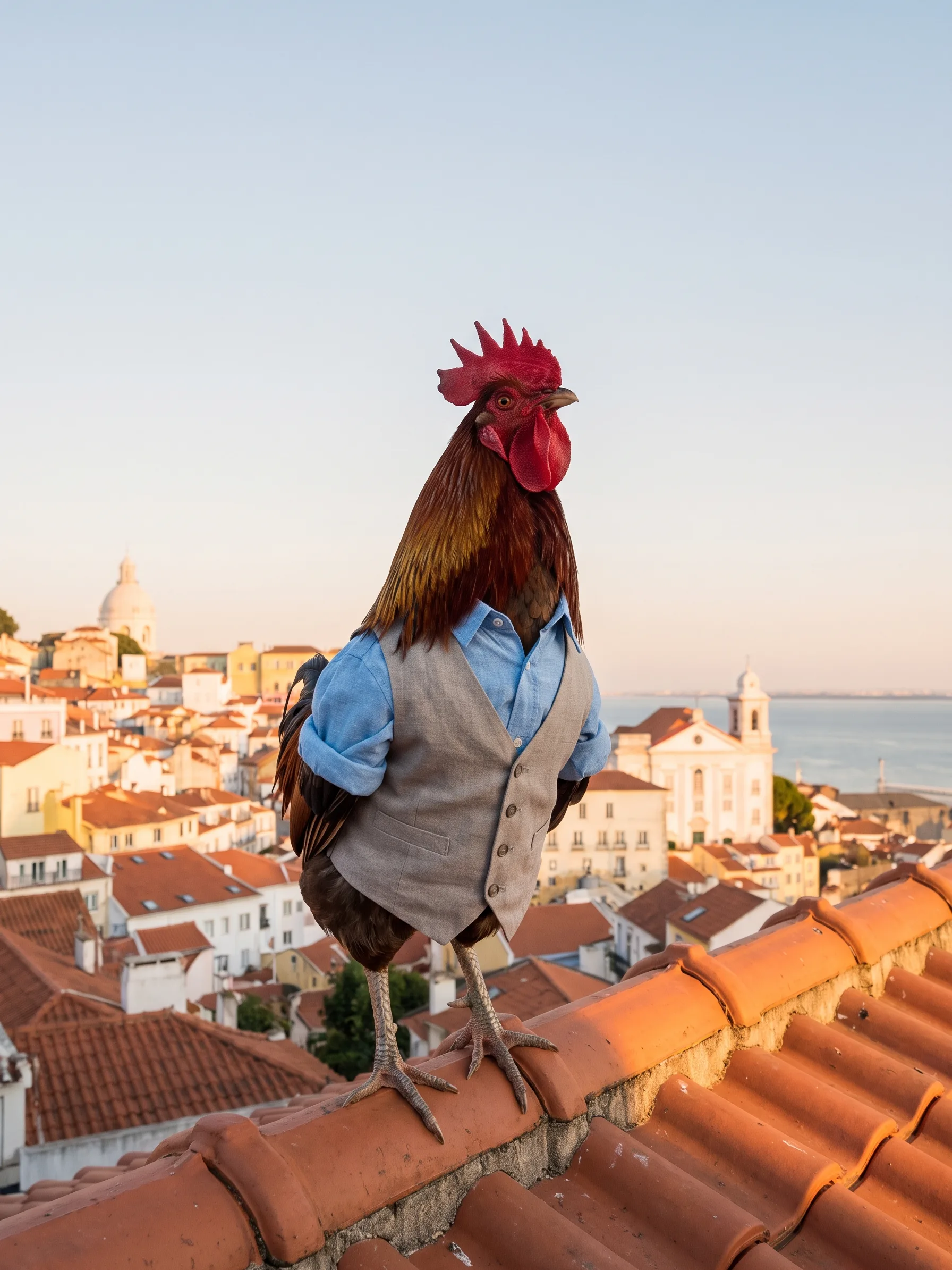 A Welsummer rooster with red-brown and gold hackles and a dark breast in a sky-blue linen shirt under a stone-grey linen waistcoat, standing on the edge of a terracotta-tiled rooftop in Lisbon in warm evening light, pastel houses, a white church dome and a bell tower falling away towards the river under a pale, empty sky