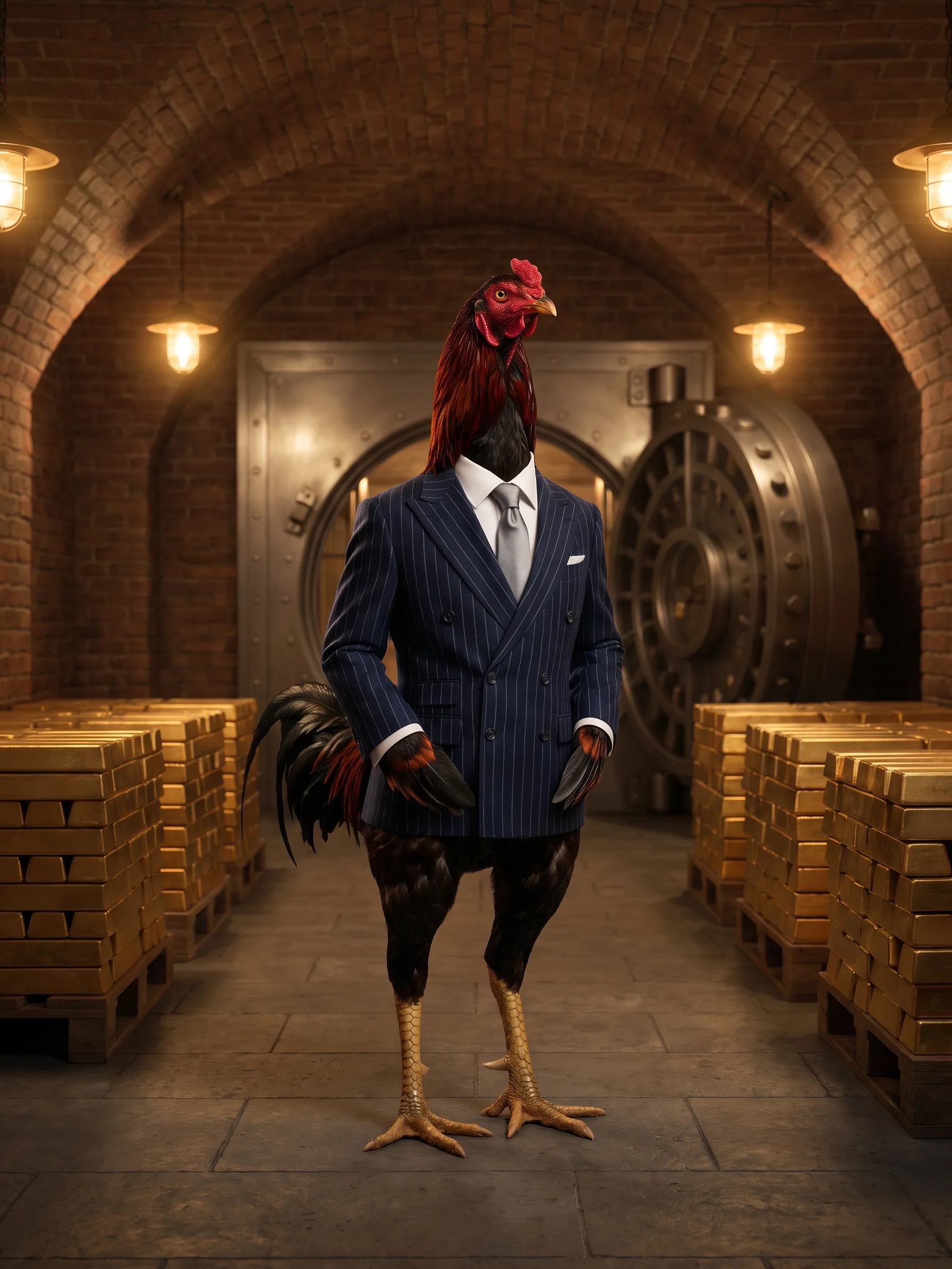 A tall upright Shamo rooster with glossy black-red plumage and a small red comb, standing in a navy double-breasted pinstripe jacket, white shirt and silver tie in a brick-vaulted underground strongroom, stacks of gold bars on wooden pallets on both sides, hanging lamps under the arches and a round steel vault door open behind him