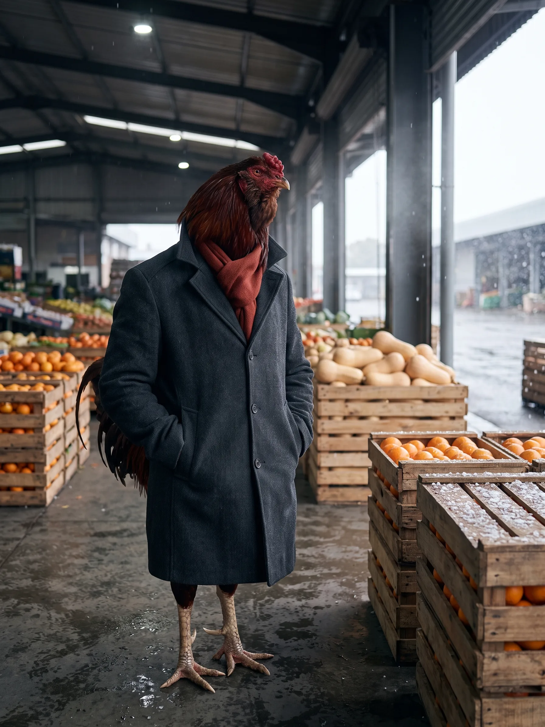 A mahogany Orloff rooster with deep reddish-brown plumage and a small comb, standing upright like a gentleman in a buttoned charcoal wool overcoat with the ends of his sleeves in its pockets and a rust-red wool scarf, between stacked wooden crates of oranges and butternut squash in a large covered produce market in Johannesburg, light snow falling past the open side and dusting the nearest crates, a wet concrete floor in grey morning light