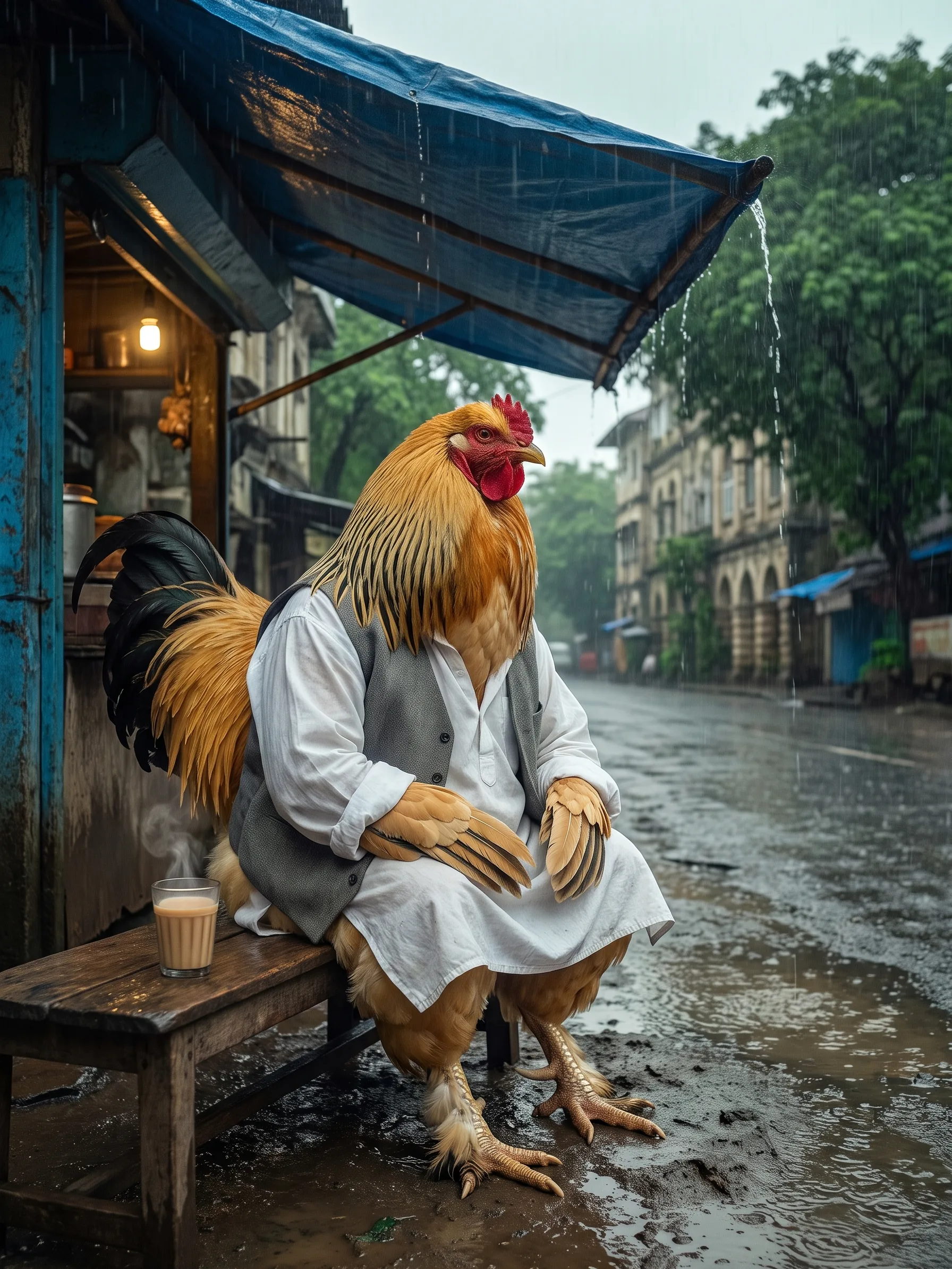 A Buff Brahma rooster with golden buff plumage, black-striped hackles and feathered feet in a loose white cotton shirt and a grey waistcoat, seated upright like a gentleman on a wooden bench under a dripping blue tarpaulin at a roadside tea stall in Mumbai, a small glass of milky tea beside him, heavy monsoon rain falling on the wet street and green trees beyond