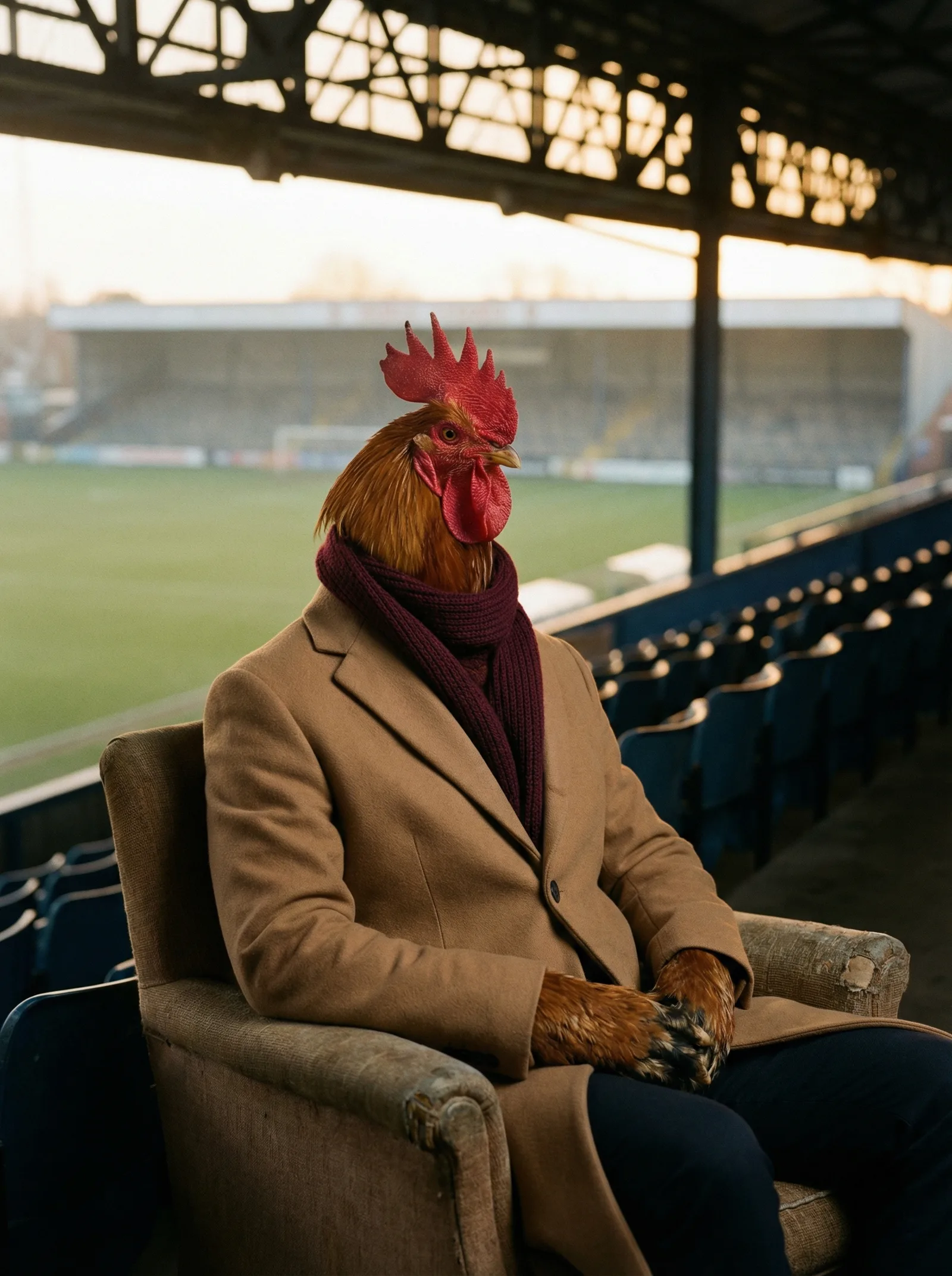 A distinguished rooster in a camel overcoat, alone in an emptying stadium at dusk, scarf draped over one shoulder, watching the last light fade