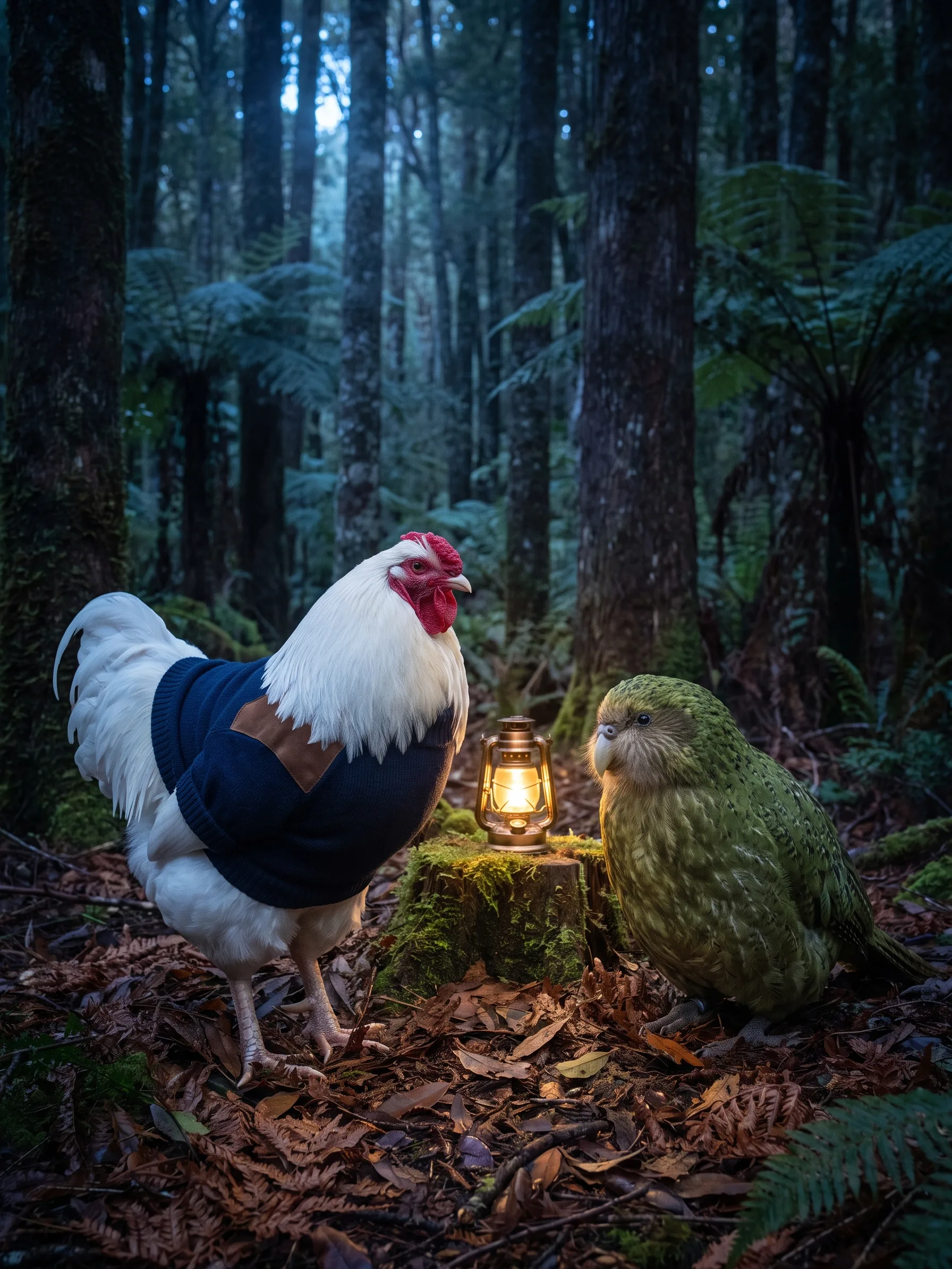 A White Wyandotte rooster with snow-white plumage and a red comb, in a navy ranger's jumper with a brown suede shoulder patch, standing on a forest floor of fallen leaves at night facing a large moss-green kākāpō parrot, a brass lantern glowing on a mossy stump between them, tree ferns and tall dark trunks behind in cool blue light