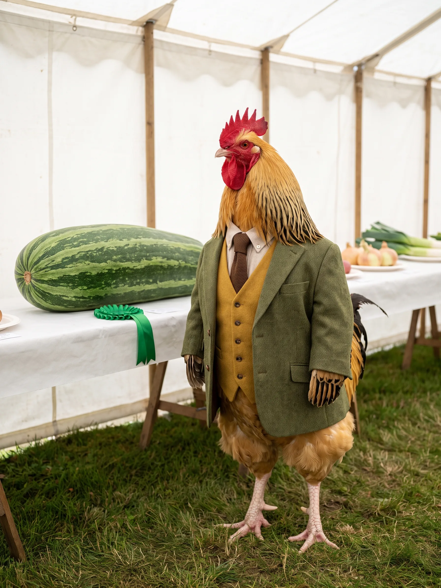 A Buff Sussex rooster with golden-buff plumage, a black-striped hackle and a black tail, standing upright in a moss-green tweed jacket, mustard waistcoat and brown knitted tie beside a trestle table in a white canvas show marquee, one large striped green marrow on the white cloth with a plain green rosette beside it and onions and leeks on plates further along, soft light filtering through the canvas