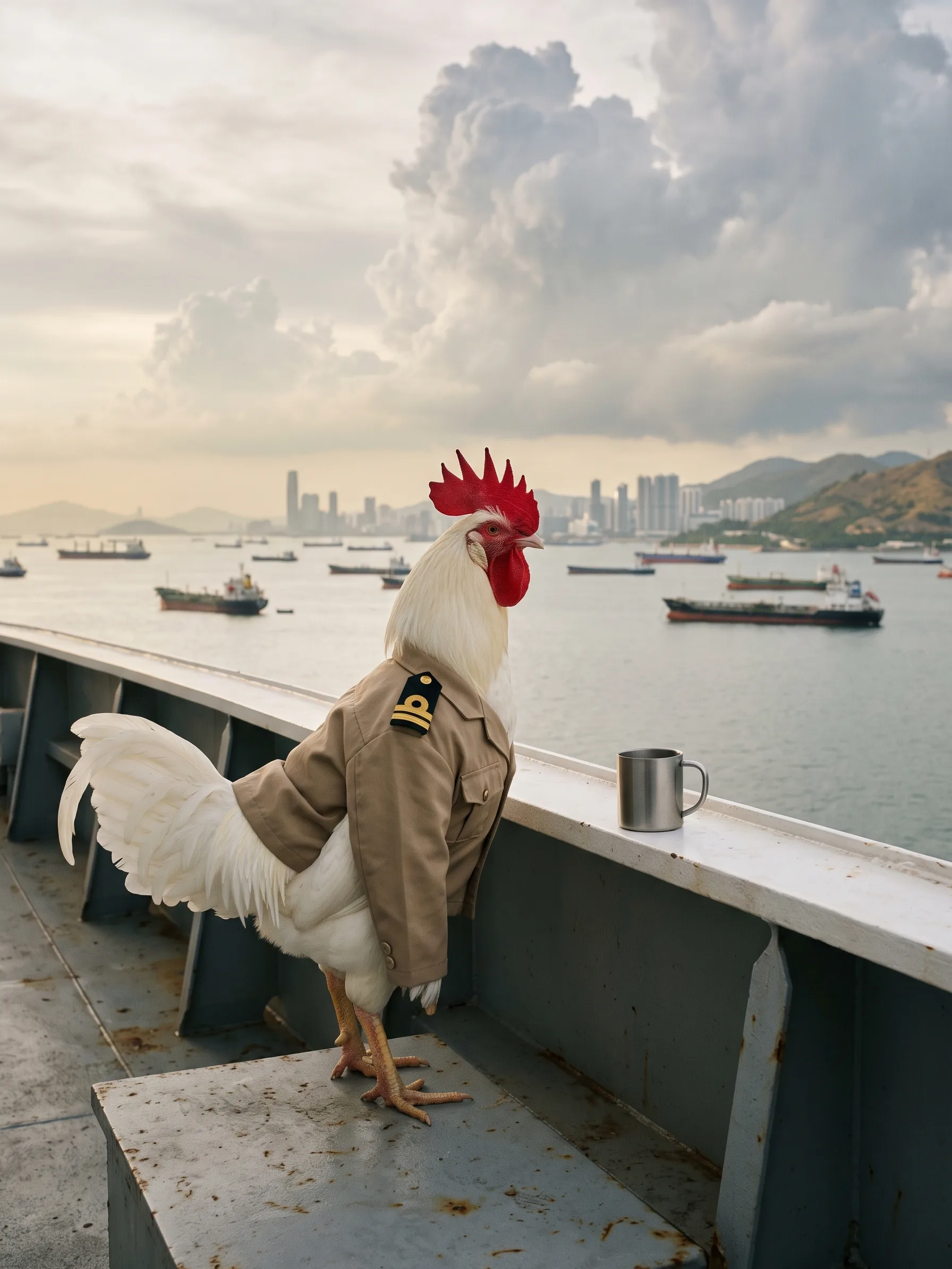 A White Leghorn rooster with pure white plumage and a tall red comb in a khaki officer's shirt with black-and-gold shoulder boards, standing on a steel step on the bridge wing of a cargo ship at anchor, a steel mug on the rail beside him, many ships waiting at anchor across a hazy tropical bay, a city skyline and green hills under towering clouds behind