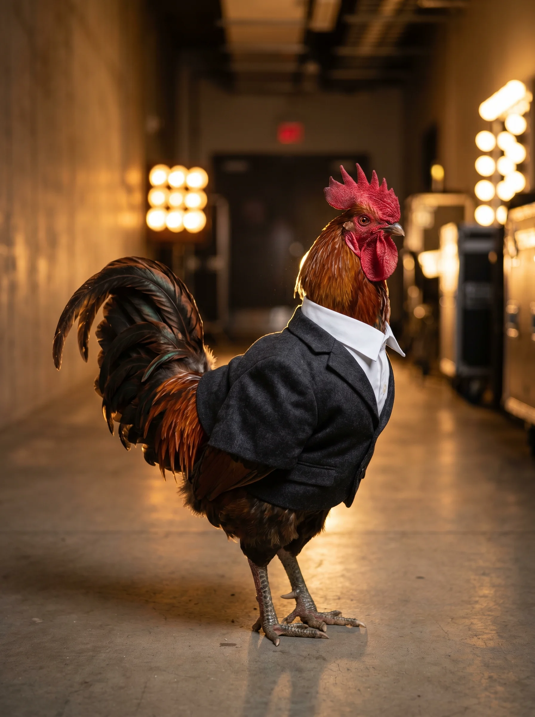 A Copper Maran rooster in a tailored charcoal suit jacket and white dress shirt standing in a backstage corridor, warm golden stage lights glowing behind him, dramatic copper-black tail plumage, looking off to one side with calm composure