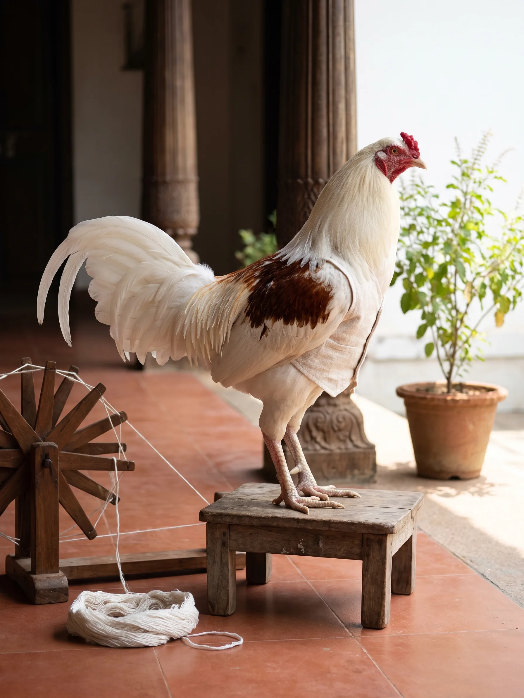 A red-shouldered Yokohama rooster with white plumage, red-brown shoulders and a long flowing white tail in an undyed handspun cotton waistcoat, standing on a low wooden stool beside a traditional wooden spinning wheel on a shaded Indian veranda with carved wooden pillars, a loose skein of white cotton thread on the terracotta tiles, a potted tulsi plant in bright morning light beyond