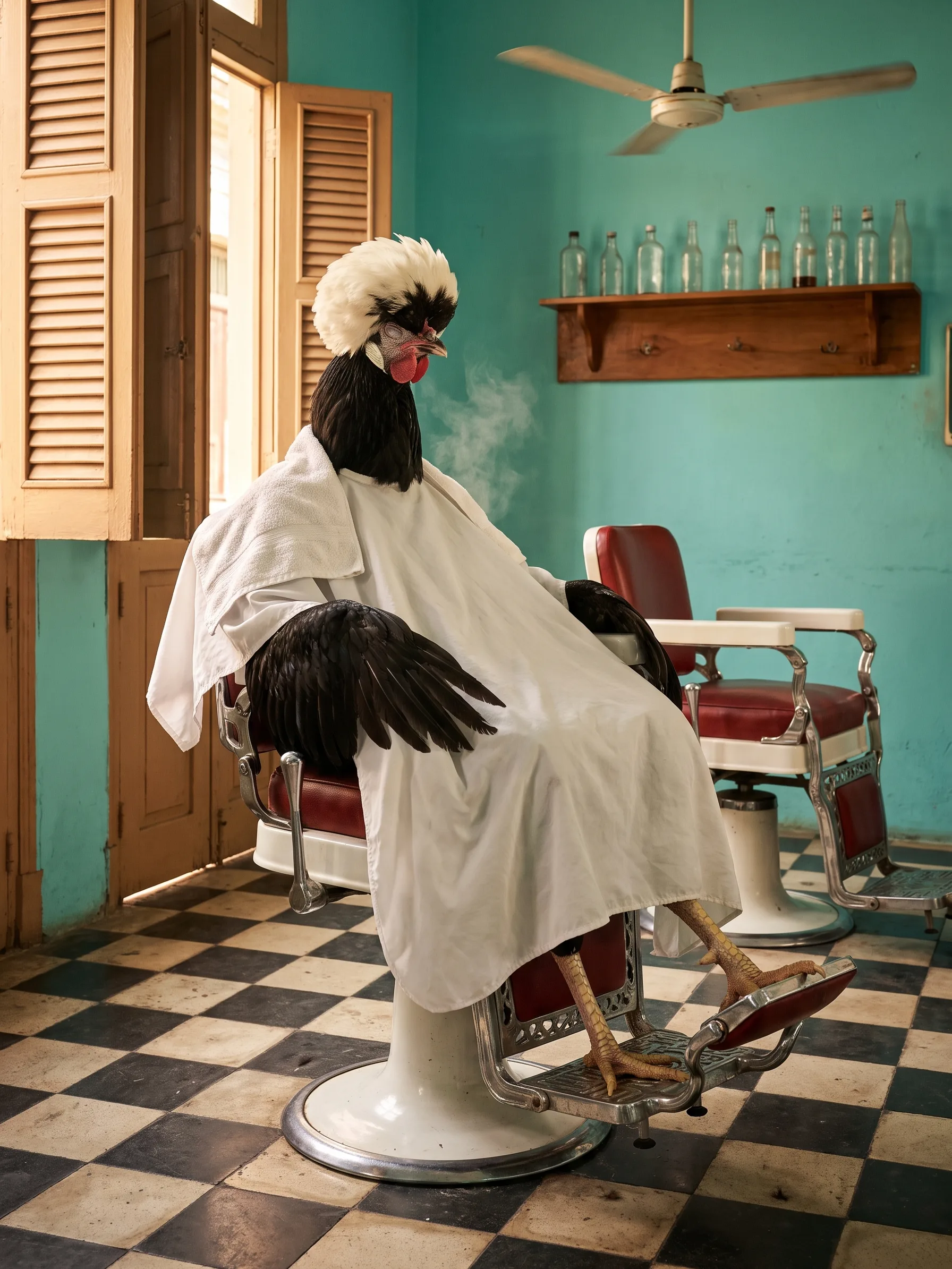 A White-crested Black Polish rooster with glossy black plumage and a large round white feathered crest, eyes closed, seated in a vintage chrome and red leather barber's chair with his scaled rooster feet on the footrest, a white barber's cape over his body, a folded white towel over one shoulder and a wisp of steam, an empty second chair beside him in a turquoise-walled Havana barbershop, a ceiling fan above and afternoon light through wooden shutters