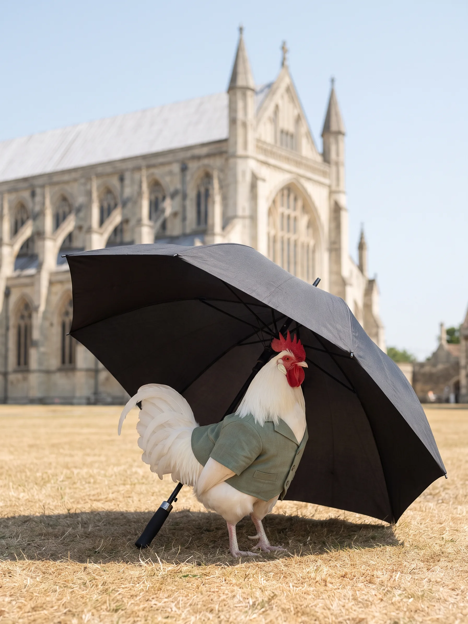 A white Scots Dumpy rooster with pure white plumage in a sage-green linen jacket, standing in the shade of a large open black umbrella propped on a parched brown lawn in a cathedral close, a Gothic cathedral and its stone buttresses in hard summer sunlight behind